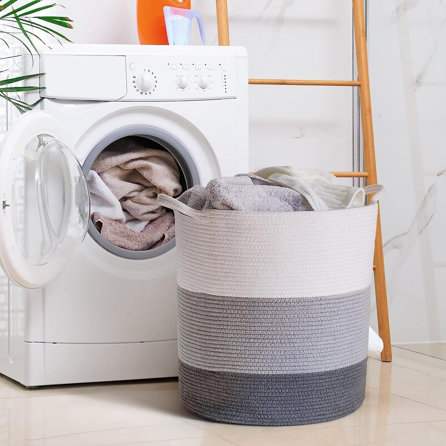 GLEAM Extra Large Storage Basket with Lid, Cotton Rope Storage Baskets, Laundry Hamper, Cloth Bin, for Clothes Towels Blankets Pillows Storage in Living Room,