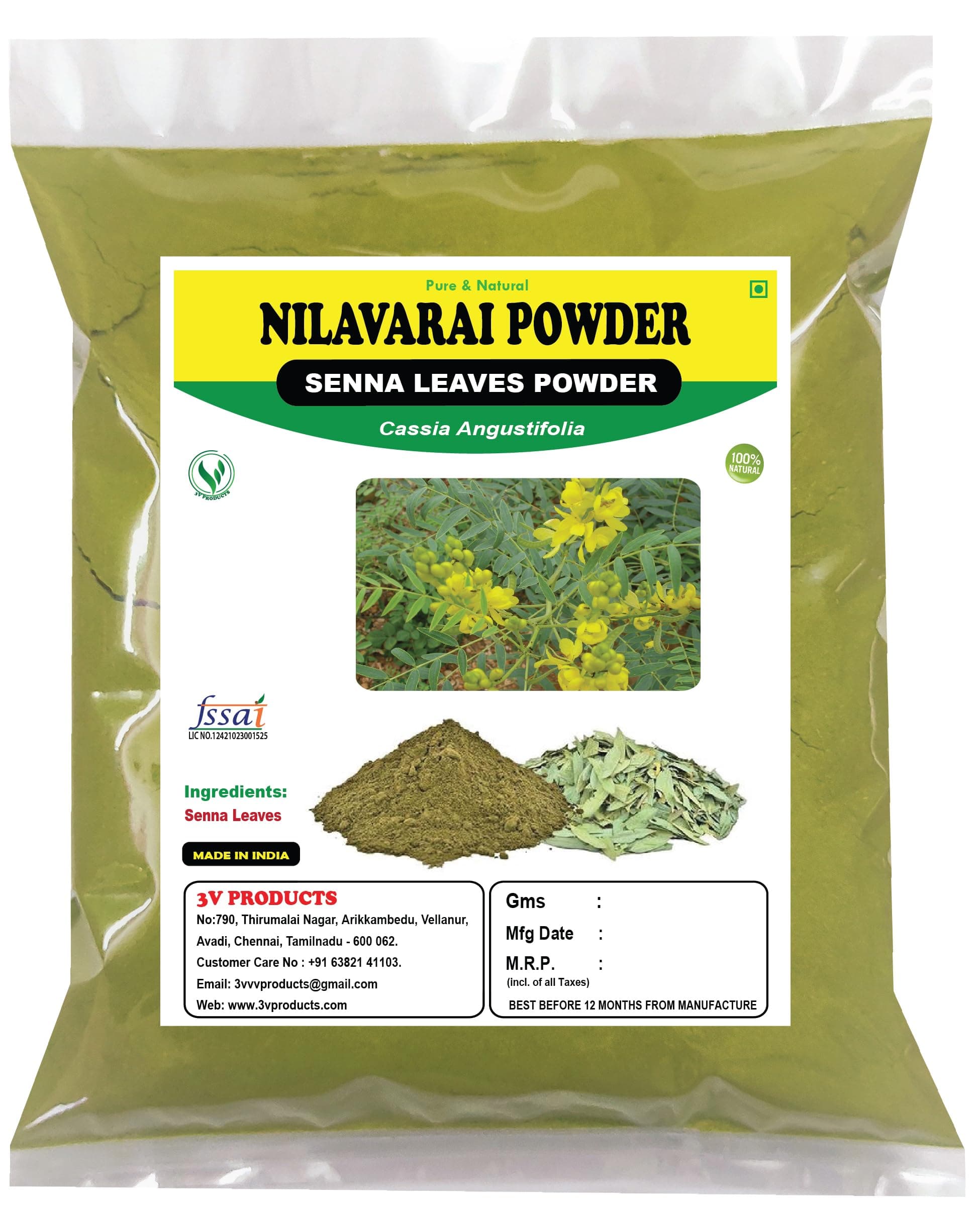 3V PRODUCTS Senna Powder | Nilavarai | Cassia Angustifolia | Sonamukhi 100g