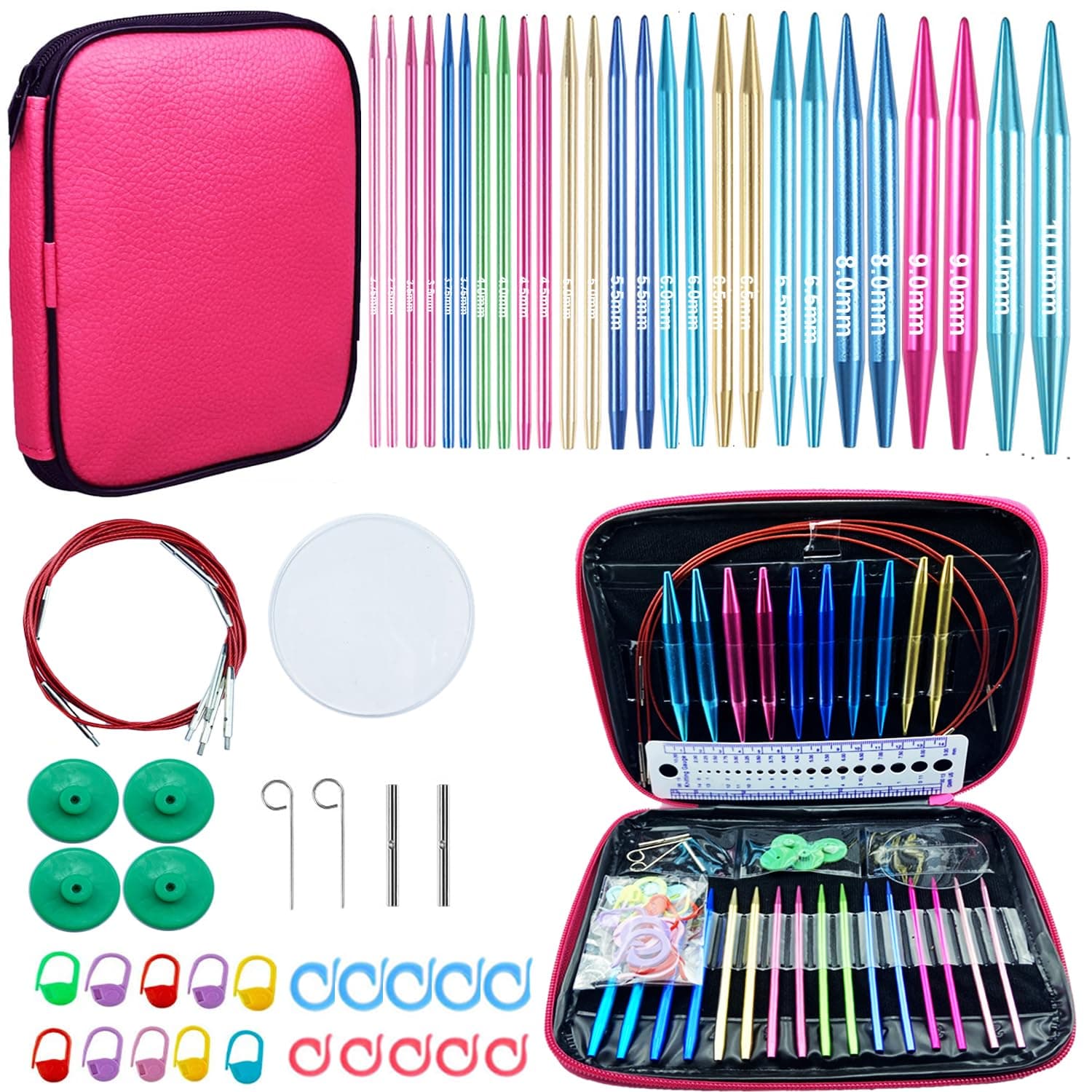 Weabetfu 60pcs Interchangeable Circular Knitting Needles Set with Case 13 Pairs of Aluminum Circular Knitting Needle for Handmade DIY Knitting with Knitting Accessories,Size(2.75mm-10mm)