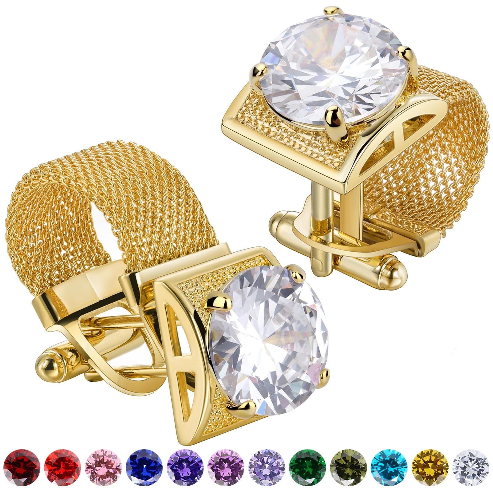 Cufflinks for Men with Chain - Birthstone and Shiny Gold Tone Shirt Accessories - Birthday Christmas Gifts for Men.