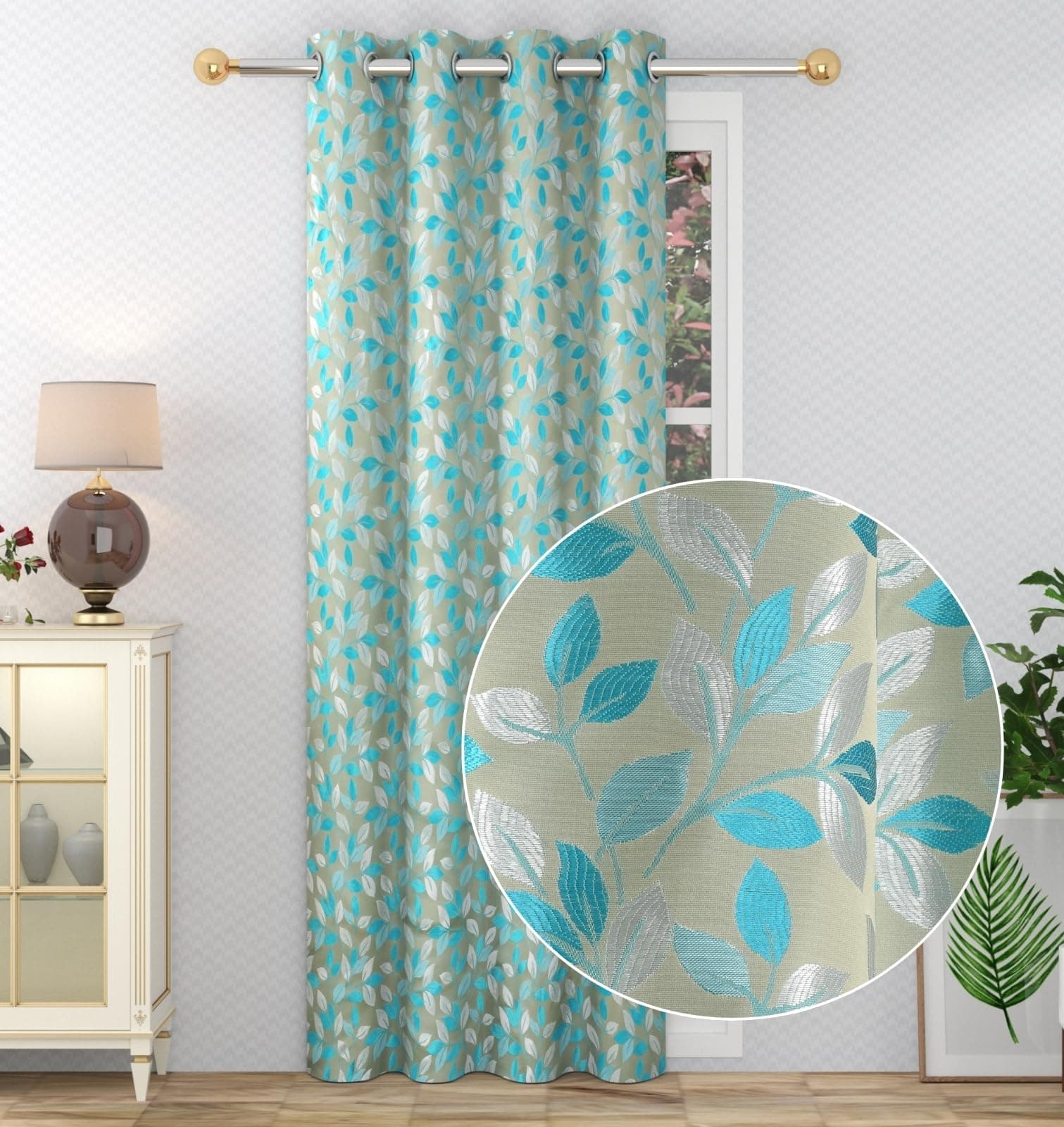 Stuffique Jacquard Polyester Home & Living Room Eyelet Door Leaves Single Curtain, 1 pcs - 8 Feet, Orange