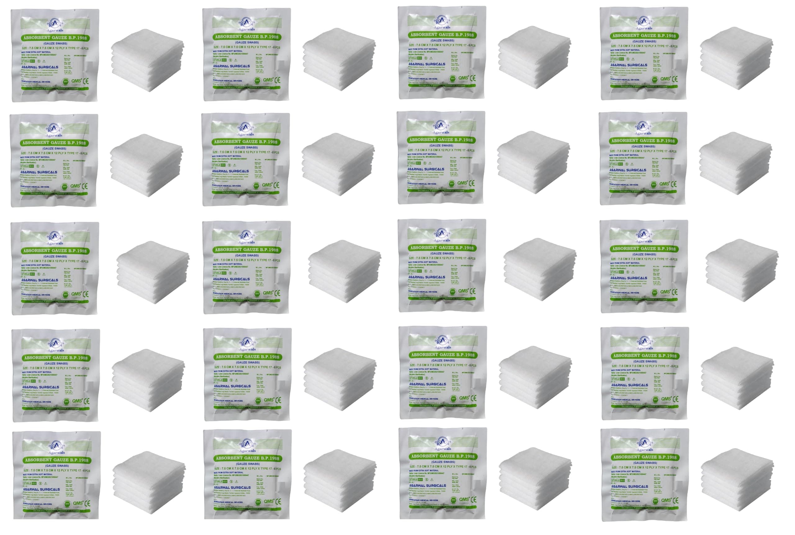 Agarwals Absorbent Gauze Swabs Sterile 7.5 cm X 7.5 cm X 12 ply (5Pcs/Pack) (Pack of 20 i.e. 100 Dressings)