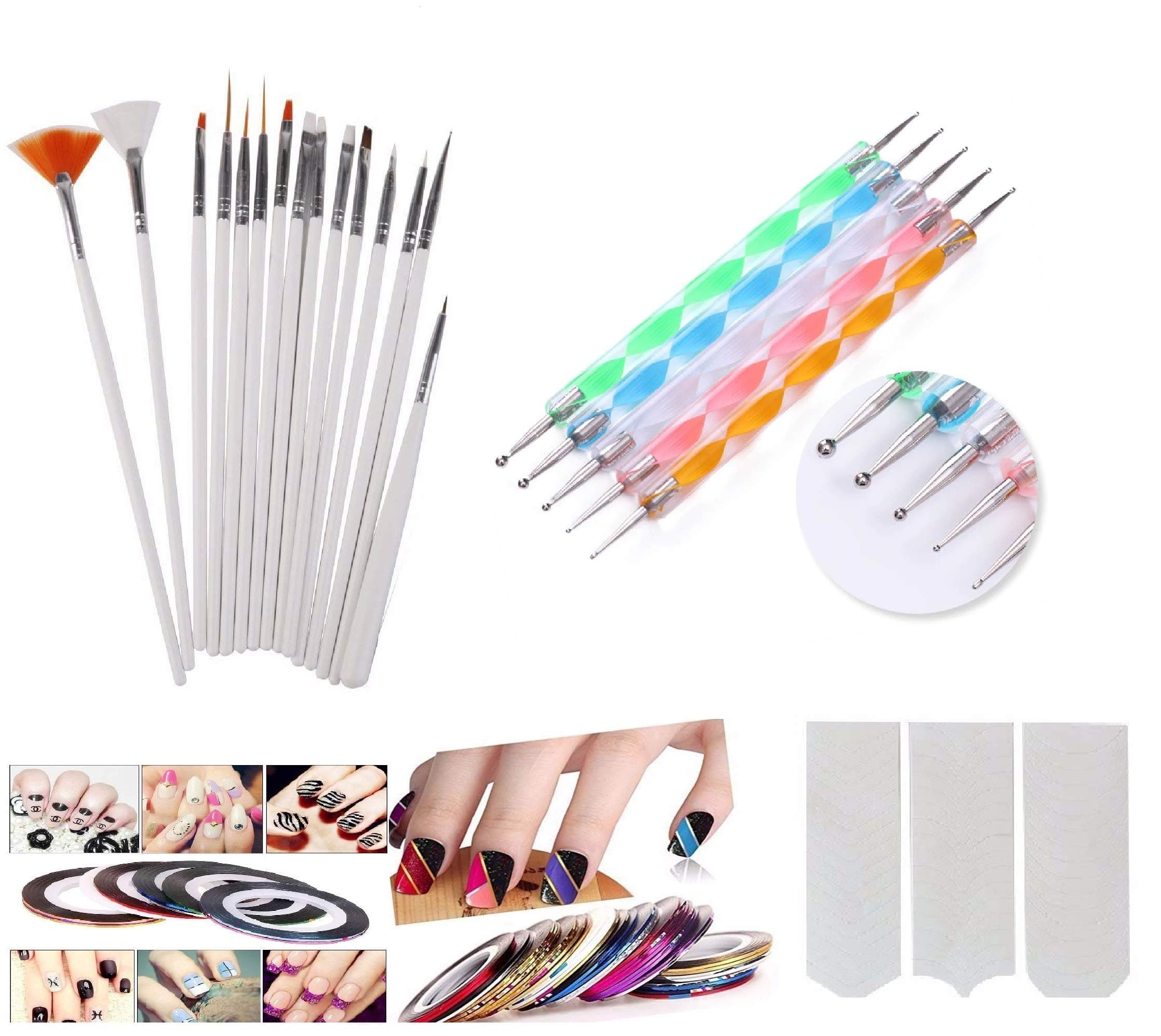 Trexee Nail Art Paint Kit (Set of 31pc) 3d Nail Art Pen & Brush Painting Polish Design Kit 15 Nail Brushes,5 Nail Dotting Pen,10 Adhesive Nail Striping Tape 1 Tipping guide (31 Pcs)