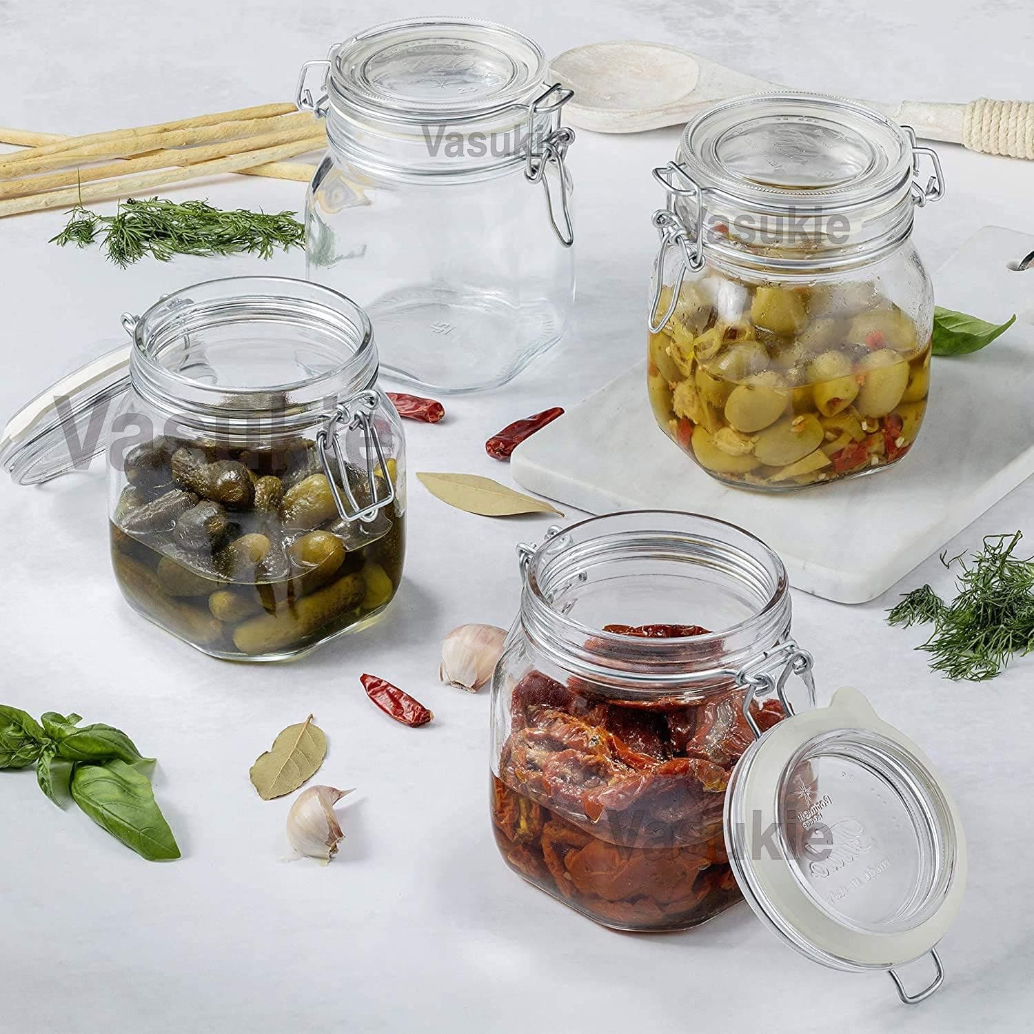 Vasukie Glass Jars With Airtight Leak Proof Lids | Wide Mouth Storage Canister Jars Perfect for Kitchen Canning, Dry Food, Spices, Pickle, Coffee, Tea, Snacks, Sugar, and More