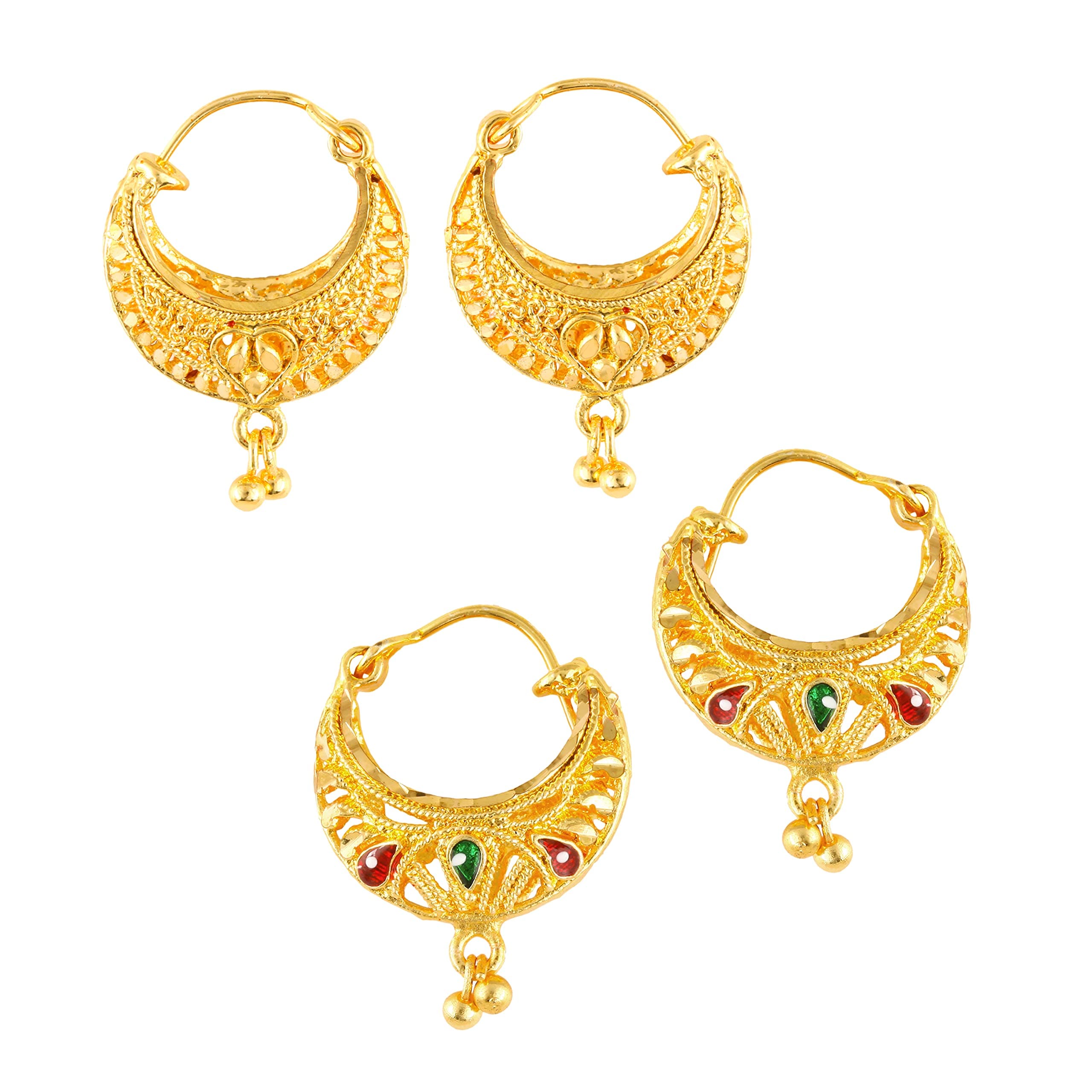 MEENAZ Hoop Earrings For Women girls Combo Set Pack Traditional Temple 1 One Gram Gold 18k Copper Brass Ruby Meenakari South Indian Screw Back Studs Tops Stud Fashion Stylish Bali Ear rings combo-M118
