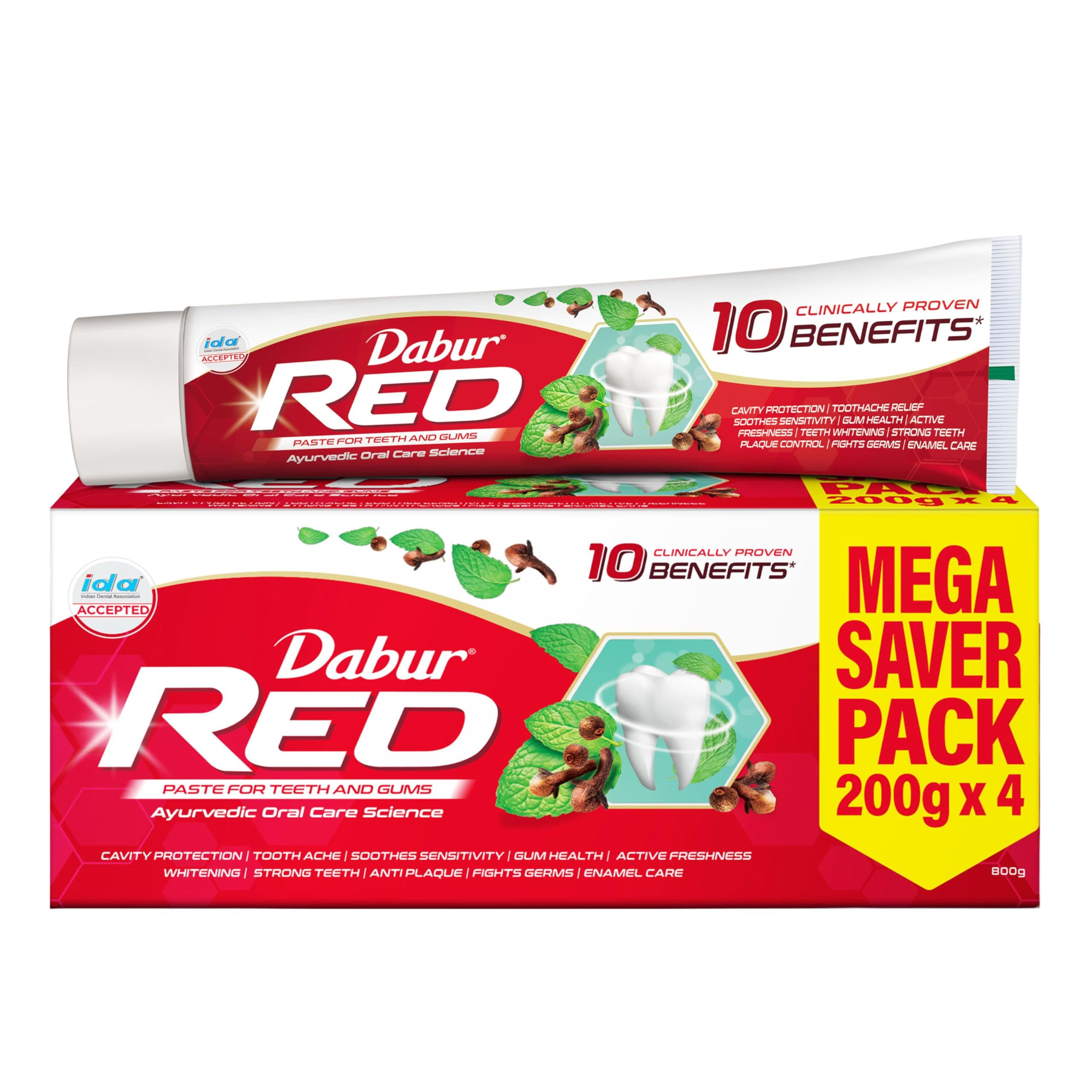 Dabur Red Paste - India's No.1 Ayurvedic Paste, Provides Protection Plaque Removal, Toothache, Yellow Teeth, Bad Breath- 800g (200gm*4)