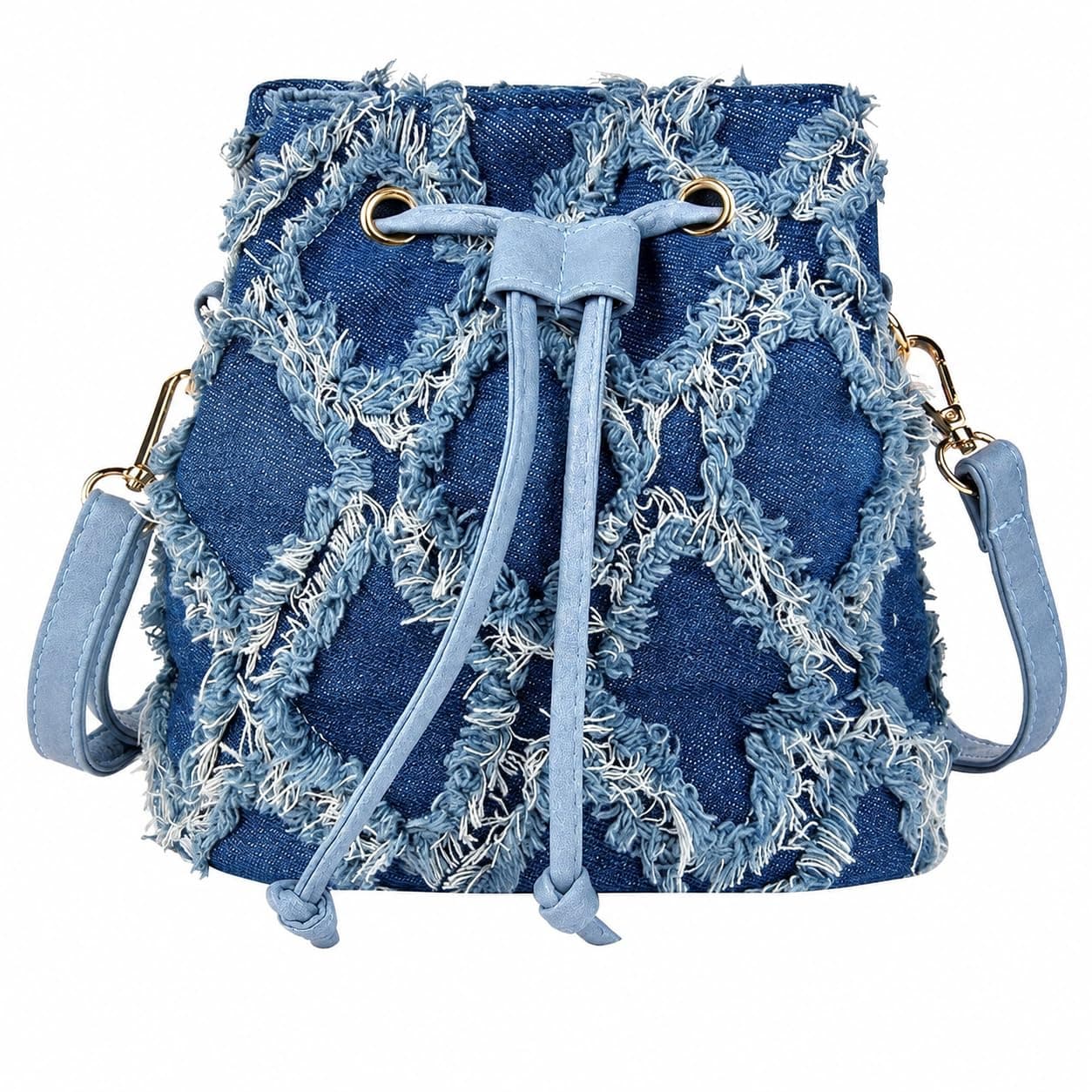 QZUnique Women Denim Mini Bucket Bags Crossbody Purse Shoulder Handbag Drawstring Quilted Tassel Barrel Shape Satchel Tote Bag, Blue