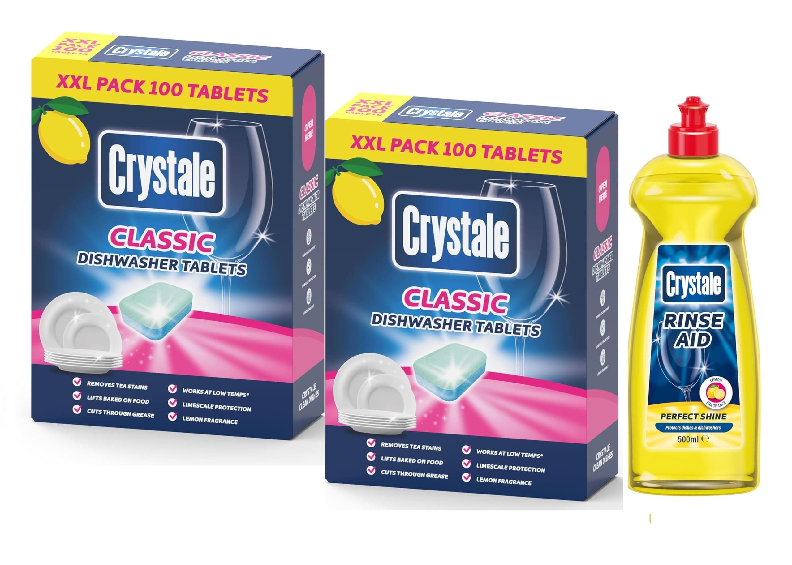 Crystale Dishwasher Tablets 100's Pack of 2 with Rinse Aid Lemon 500ml Combo