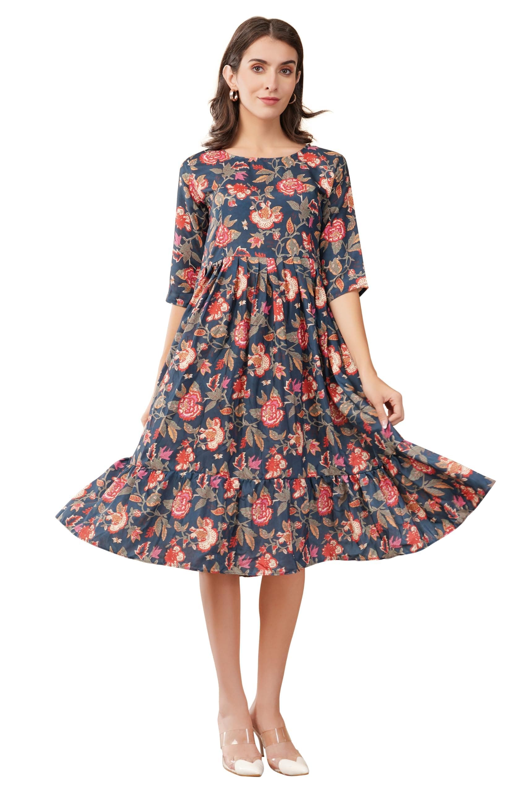 Adhishree trends Stylish Blue Printed Floral Midi Dress for Women Anarkali Kurti Cotton Dress for Women- Flared Western Style Dress ||Western Frocks for Women Size s-3xl