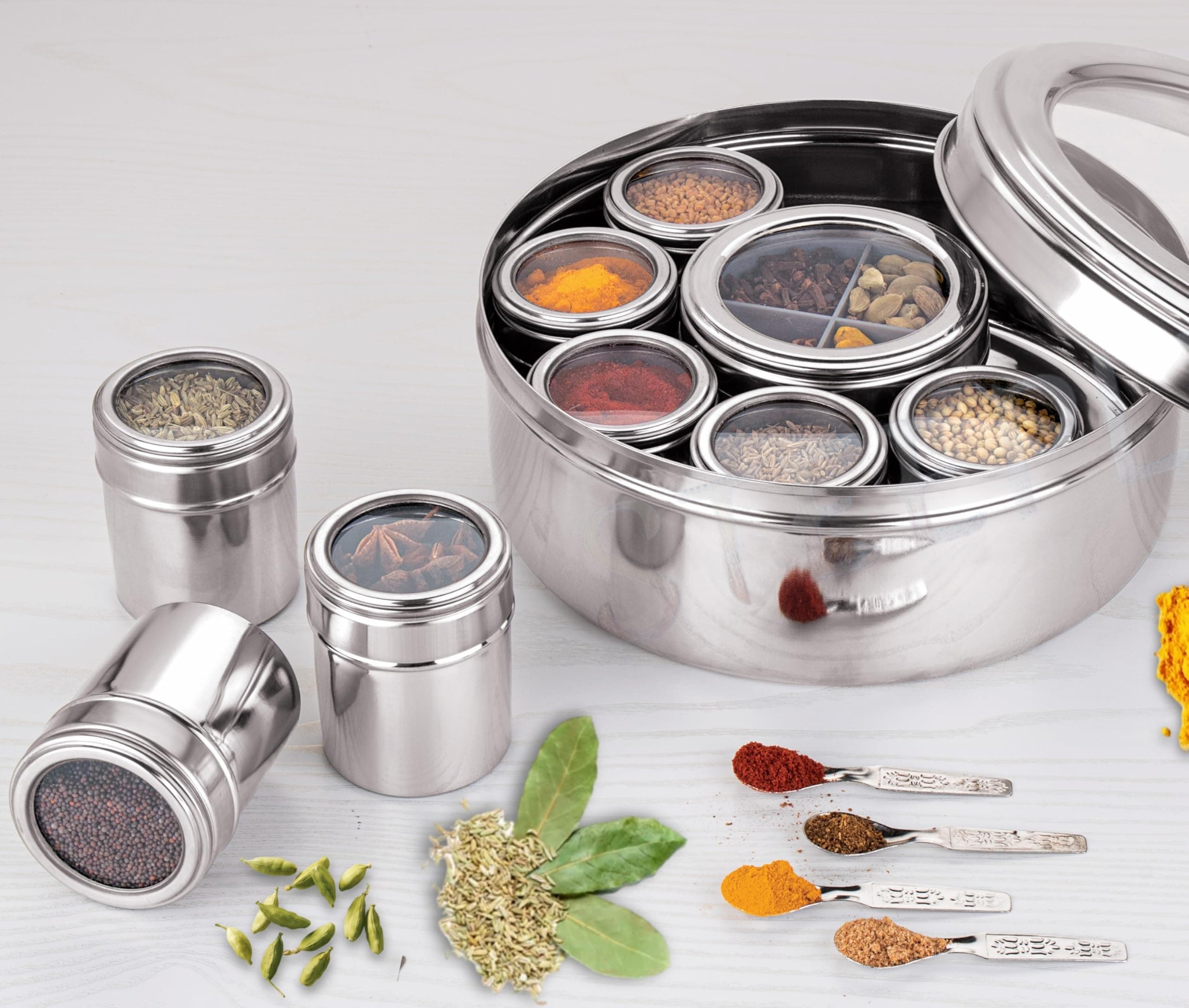 STEEPLE 12 In 1 Masala Box For Kitchen | Spice Box | With Glass Lid | Traditional Indian Spice Container | Includes 8 Small Containers + 1 Middle Partitioned Container (4 Sections), Silver