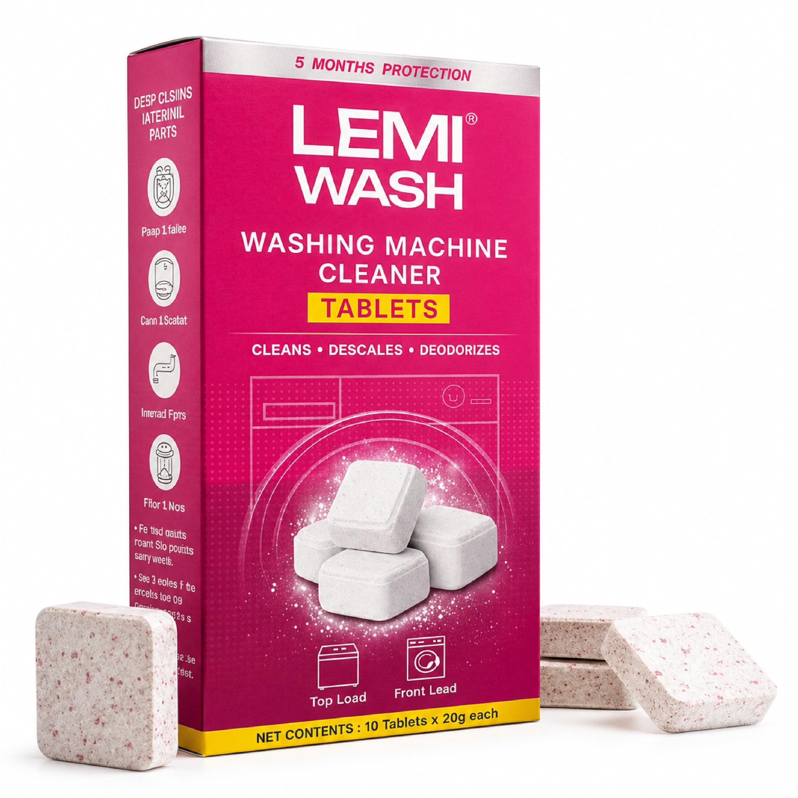Lemi Wash Washing Machine Cleaner & Descaler TabletsTablets | For All Washing Machine Front Load and Top Load | Clean Inside Drum And Laundry Tub Seal - 10 Tablets (20g Each)