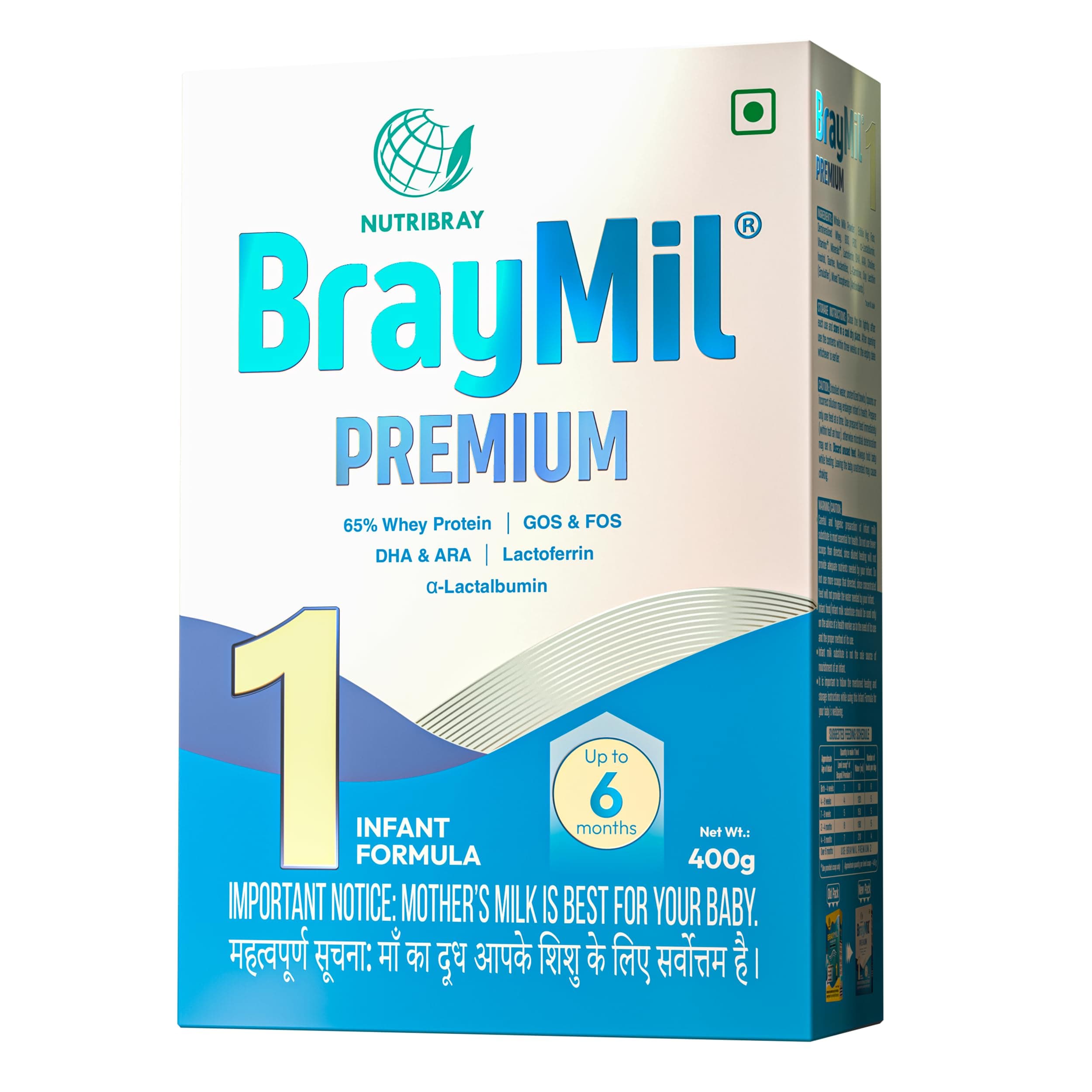 Braymil Premium 1 Infant Formula Stage 1 with DHA, ARA, FOS & GOS – Essential Nutrients for 0-6 Months Babies, 400g Bag in Box – Supports Healthy Growth & Development"