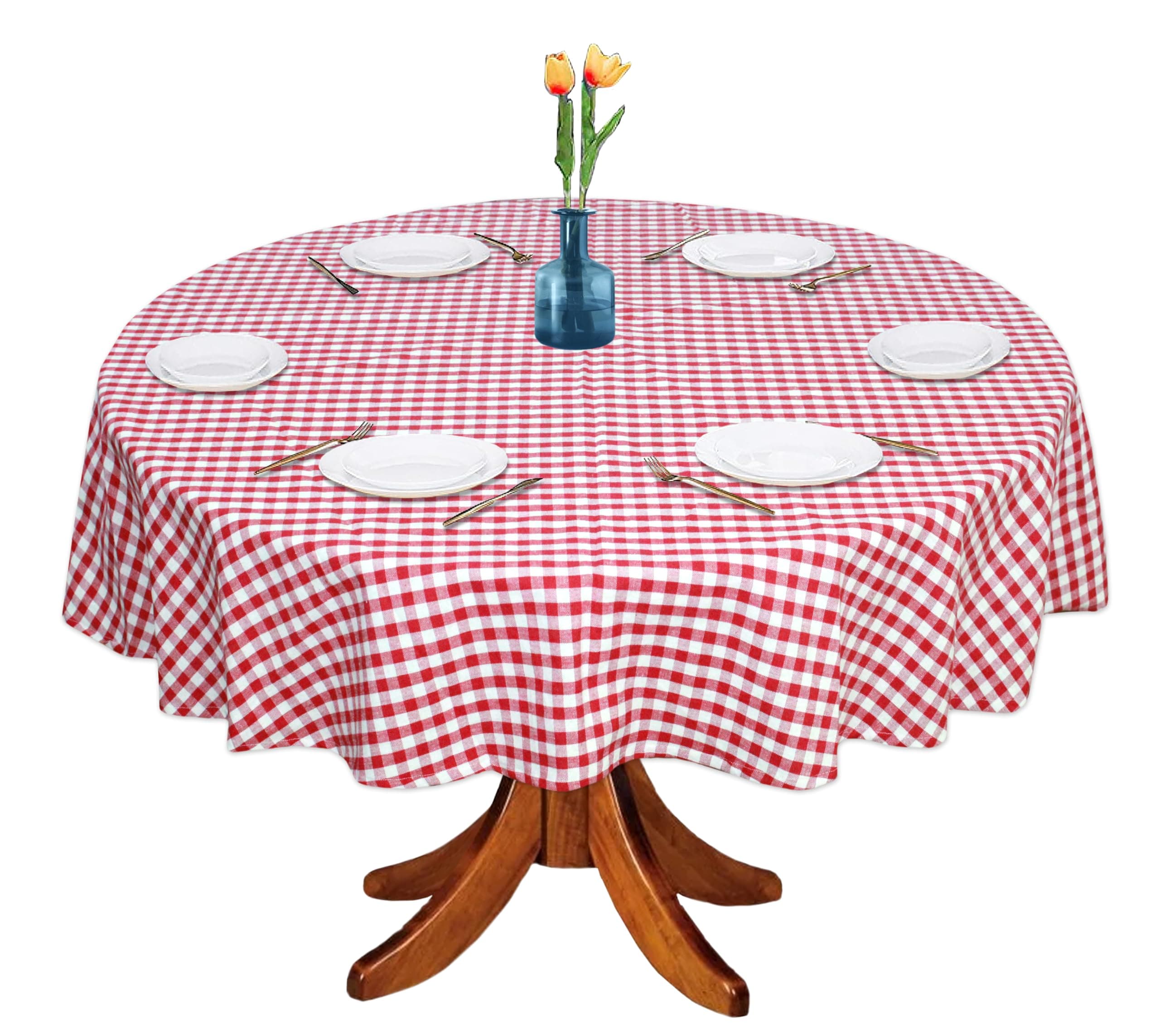Oasis Home Collection Cotton YD Round Gingham Check 6 Seater Table Cloth (Red, 60 inch, Pack of 1)
