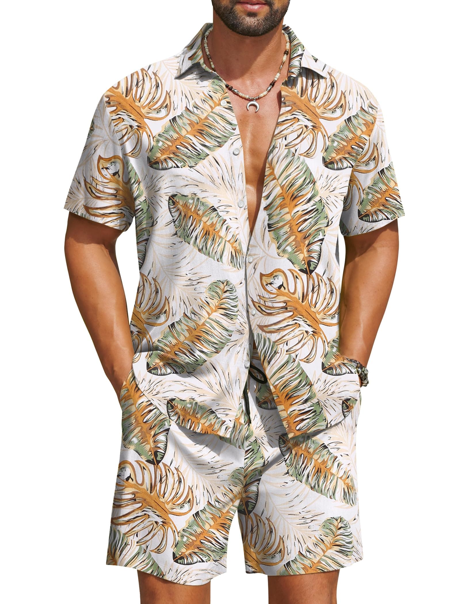 COOFANDY Men's Hawaiian Matching Set Summer Beach 2 Piece Outfits Flower Shirts and Shorts, 2- Navy Blue, Medium