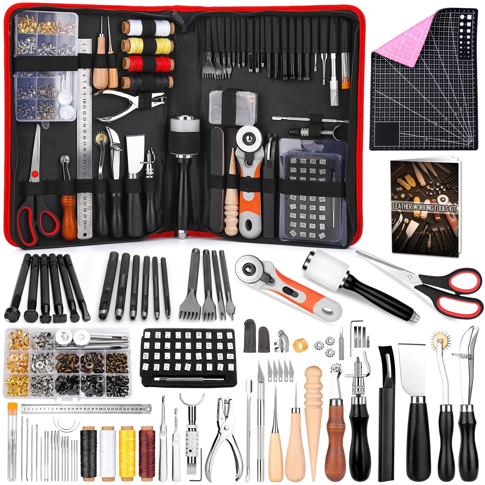 Imzay 304Pcs Leather Tooling Working Kit - Compact Beginner Tools and Supplies With Stitching, Sewing, Carving, Cutting, Crafting Tools for Sheath, Wallet, Belt, Boot, Seat