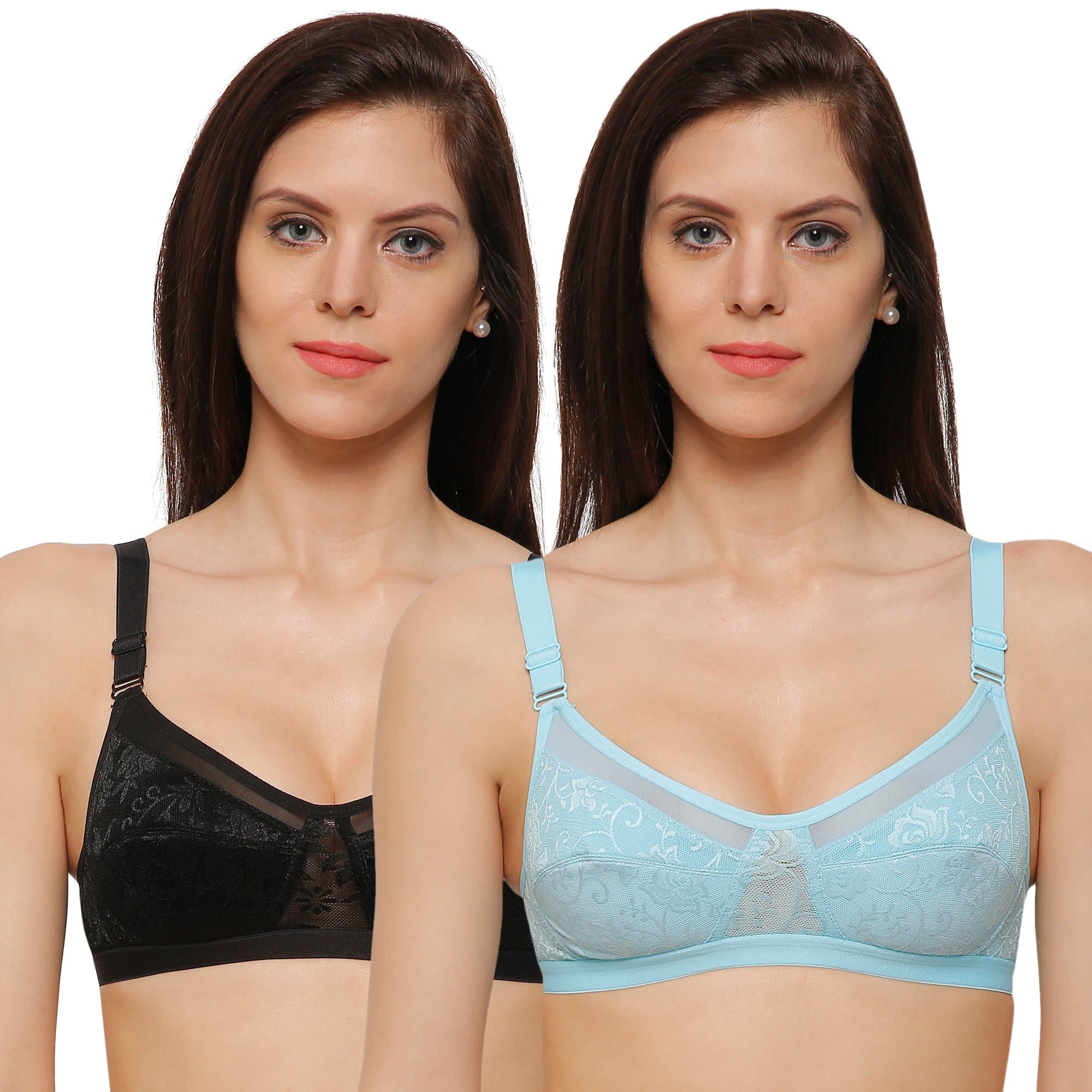 INKURV Non-Padded Full Coverage Bra for Women with Cotton Blend Lining | Stylish and Stretchable Net Design | Fancy and Soft Bra for Women Daily use | Combo of 2 (Black_Sky Blue_32B)