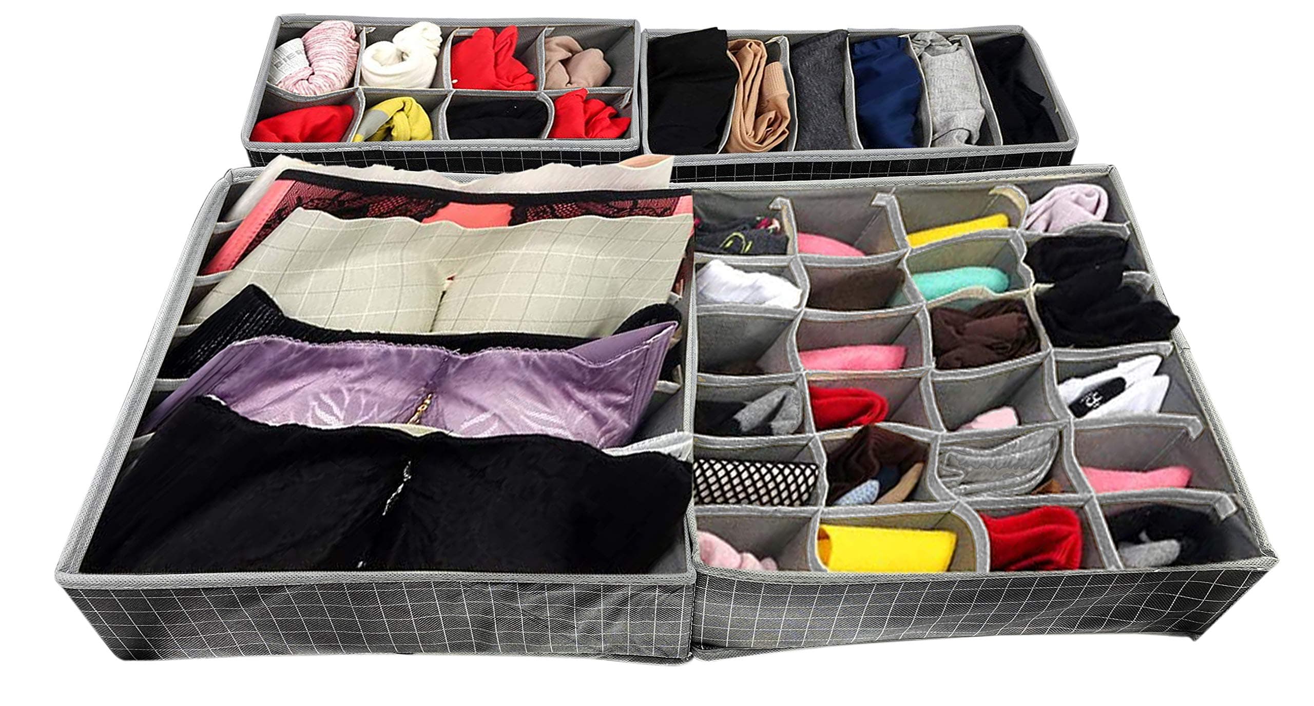 House of Quirk Set of 4 Foldable Storage Box Drawer Divider Organizer Closet Storage for Socks Bra Tie Scarfs (Dark Grey Zig-Zag)