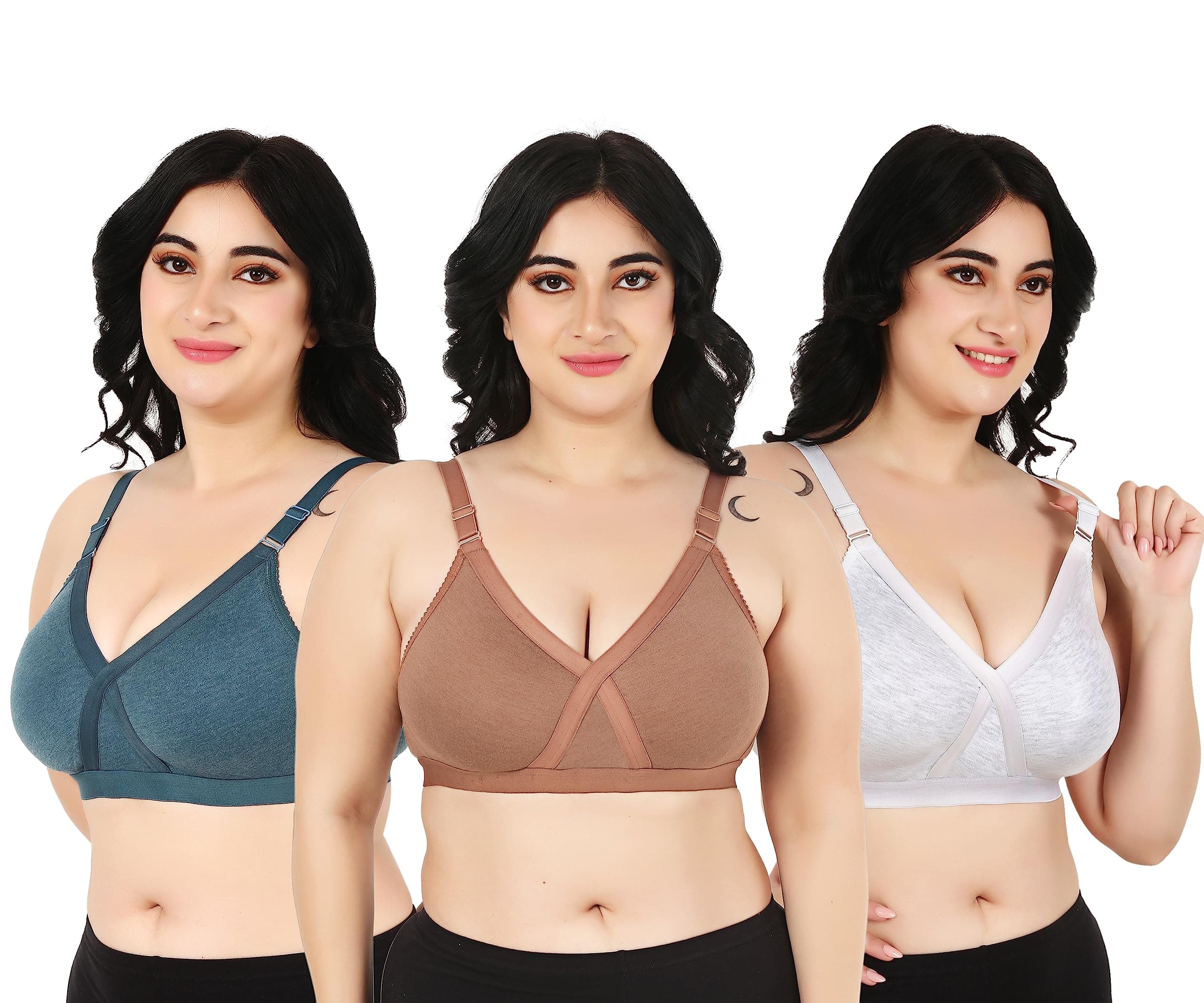 CINOON Full Support Minimizer Cotton Bra for Women, Everyday T-Shirt Pushup Heavy Breast | Bust Plus Size Bra (D, Green & Brown & White, 42)