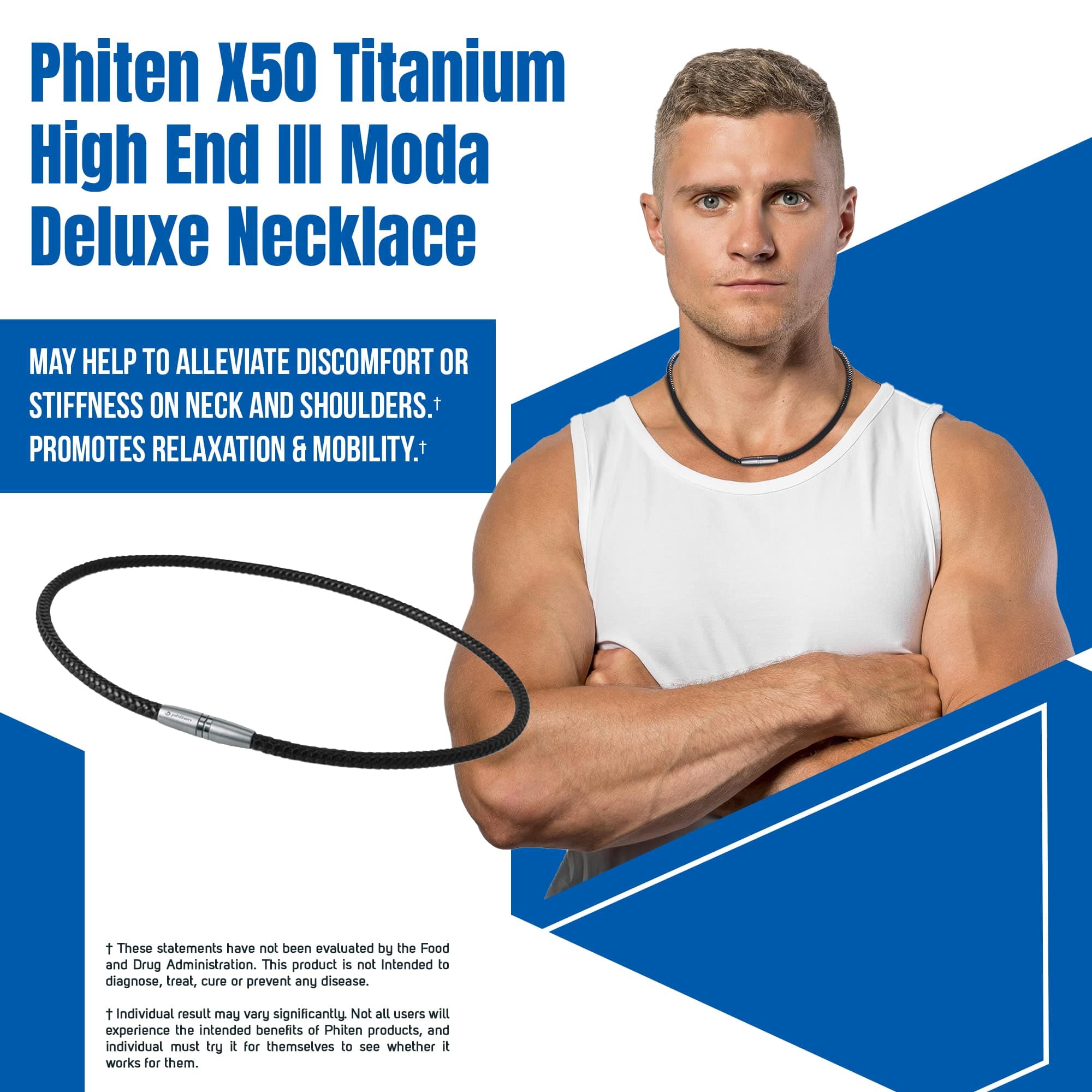 Phiten X50 High End Moda Deluxe Necklace - Faux Leather Necklace Cord with X50 Aqua-Titanium - Elastomer Core with Micro Titanium Spheres and Stainless Steel Clasp