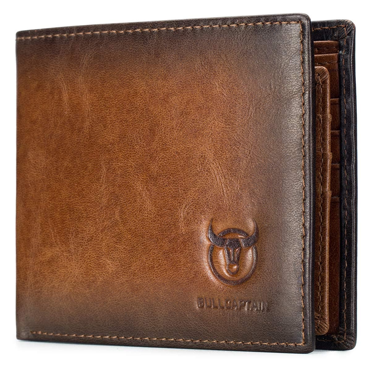 BULLCAPTAIN Men Leather Double Zip Coin Purse Bifold Vintage Slim Front Pocket Wallet Clip (Brown)
