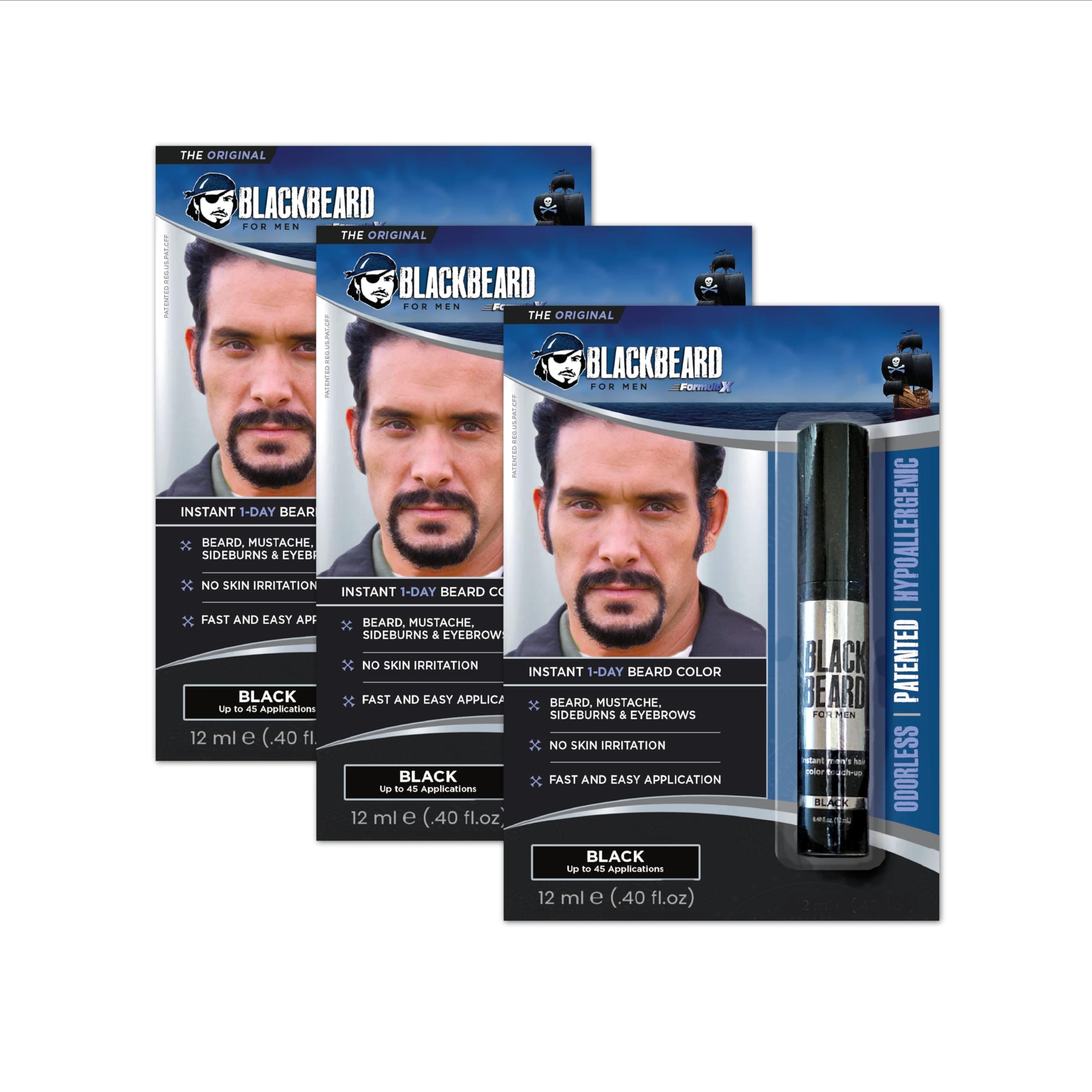 Blackbeard for Men Formula X - Instant Brush-on Beard & Mustache Color - 3-pack (black)