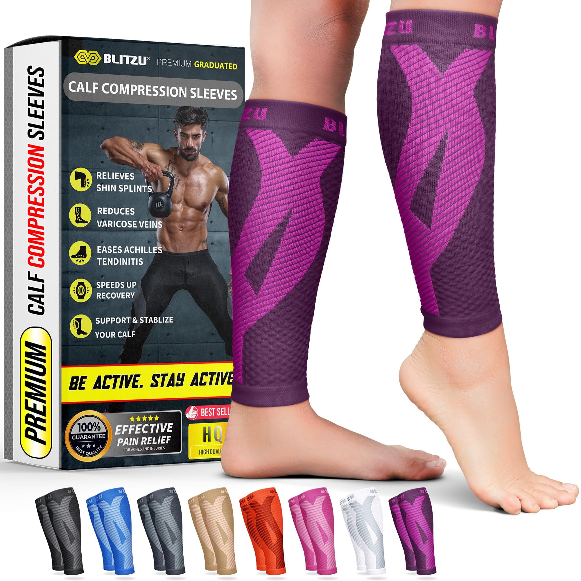 BLITZU Calf Compression Sleeve One Pair Leg Performance Support for Shin Splint & Calf Pain Relief. Men Women Runners Guards Sleeves for Running. Improves Circulation and Recovery Purple S/M