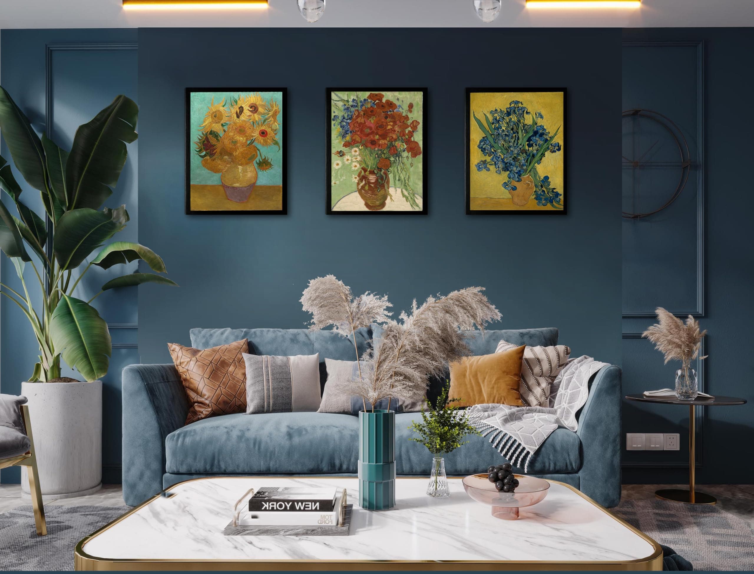 OKEXCKK 3 Piece Sunflowers- Irises Flower Vase Vincent Van Gogh Art Reproduction, Giclee Canvas Prints Wall Art for Home Decor 12"x16"