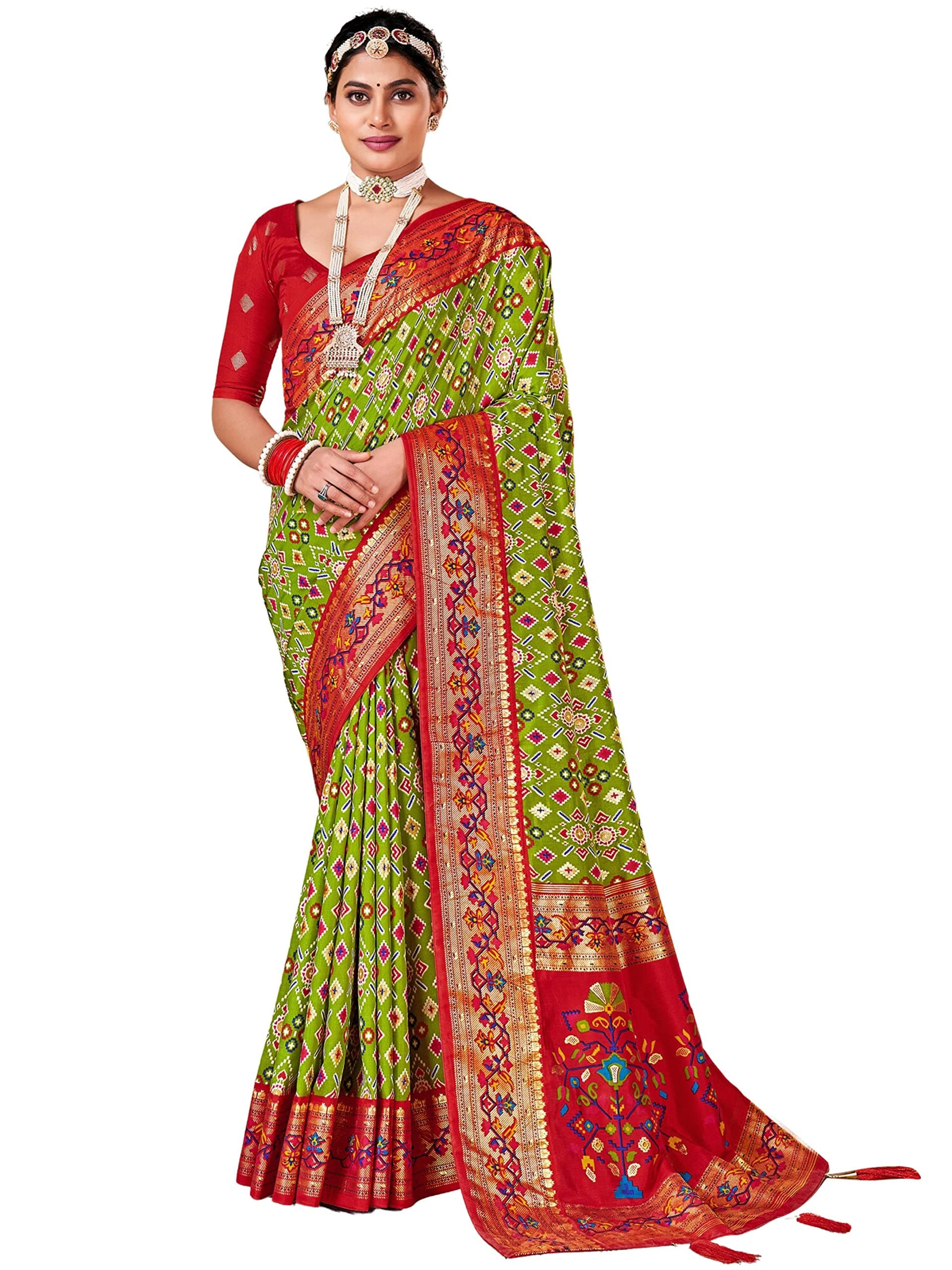 AKHILAM Women's Soft Patola Silk Ikat Print Golden Zari Border Saree With Unstitched Blouse Piece