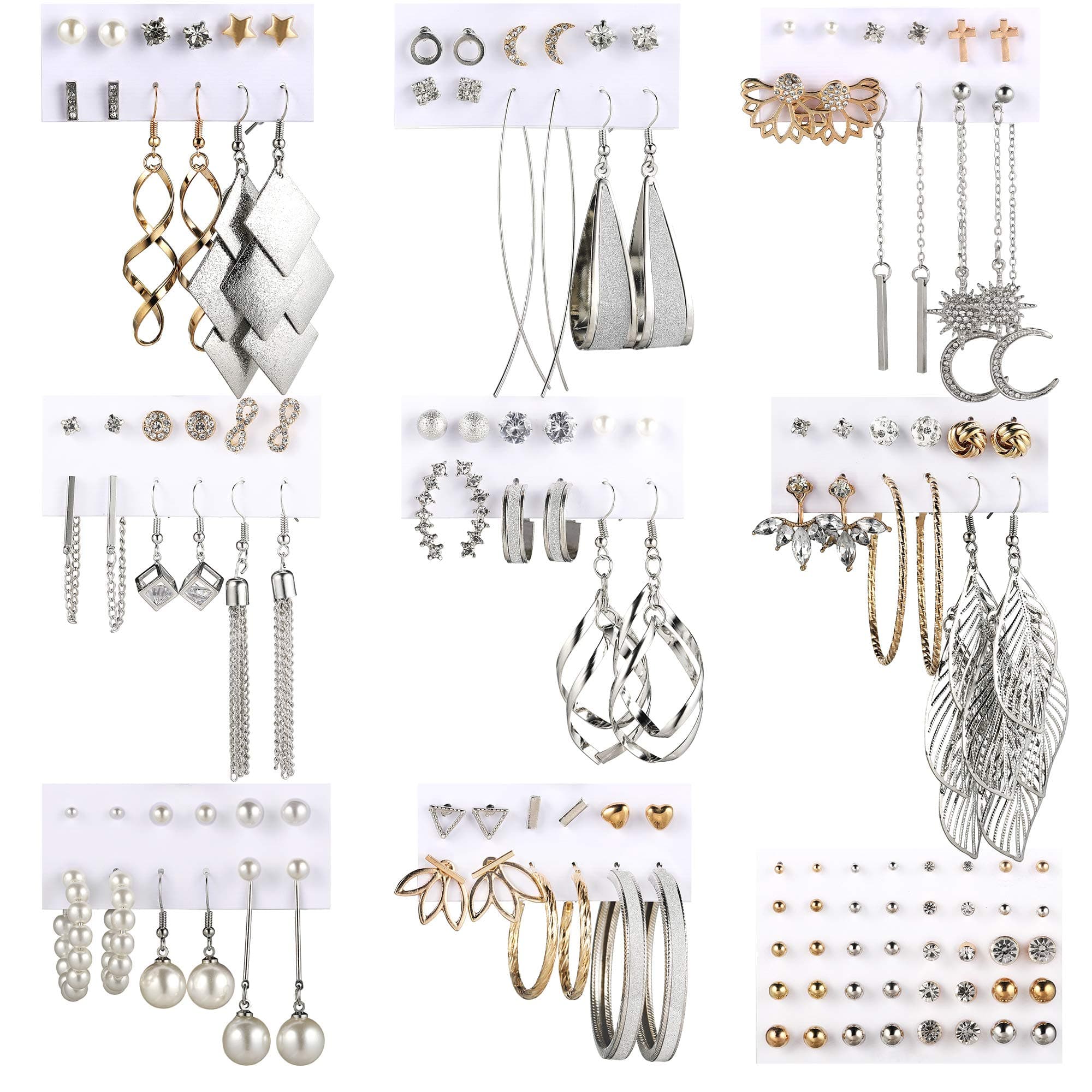 Earrings for Women, Funtopia 68 Pairs Drop Dangle Earrings, Fashion Statement Stud Earrings Pearl Earrings Set for Party Jewelry(Gold and Silver), Medium, Pearl, Zirconia, Metal