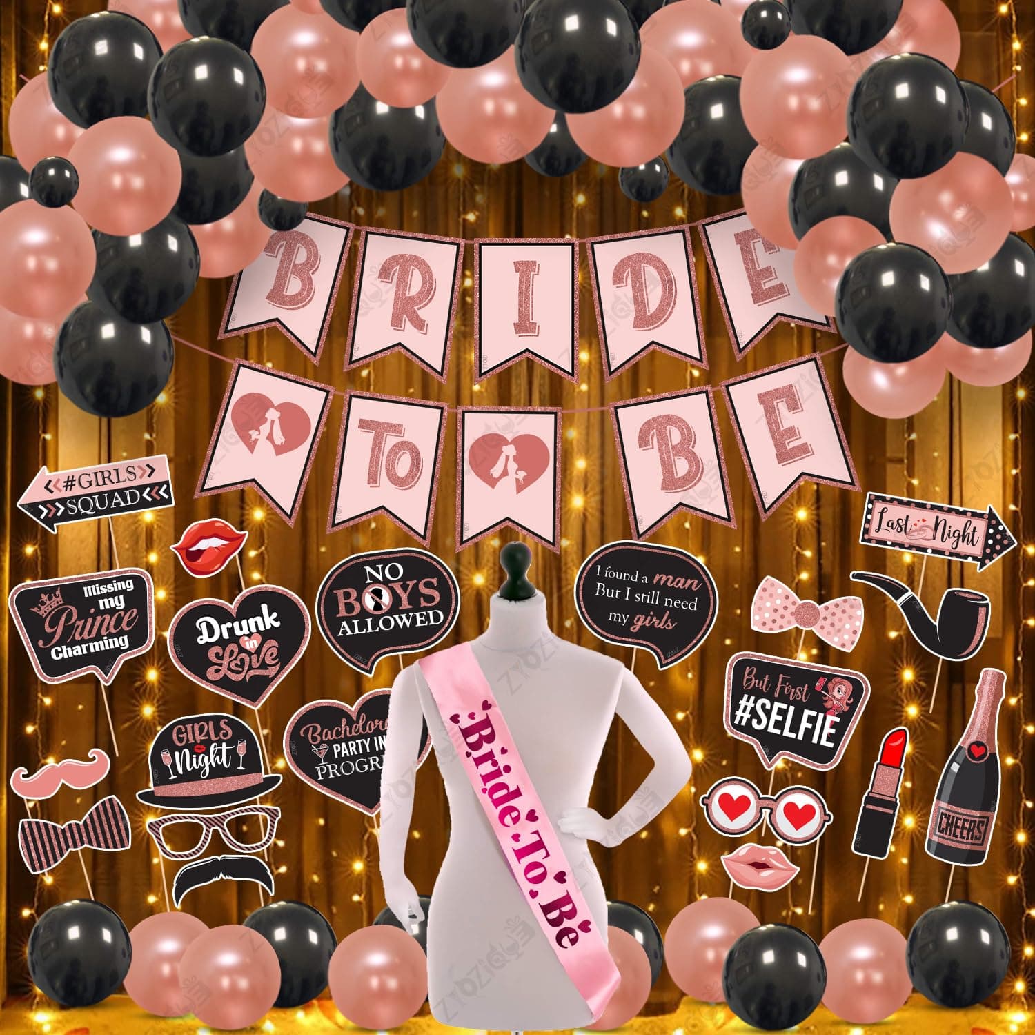 Zyozique Bachelorette Party Decorations Kit | Bridal Shower Party Supplies - Bride To Be Paper Banner, Photo Booth Props, Balloons with Sash (Pack Of 48)