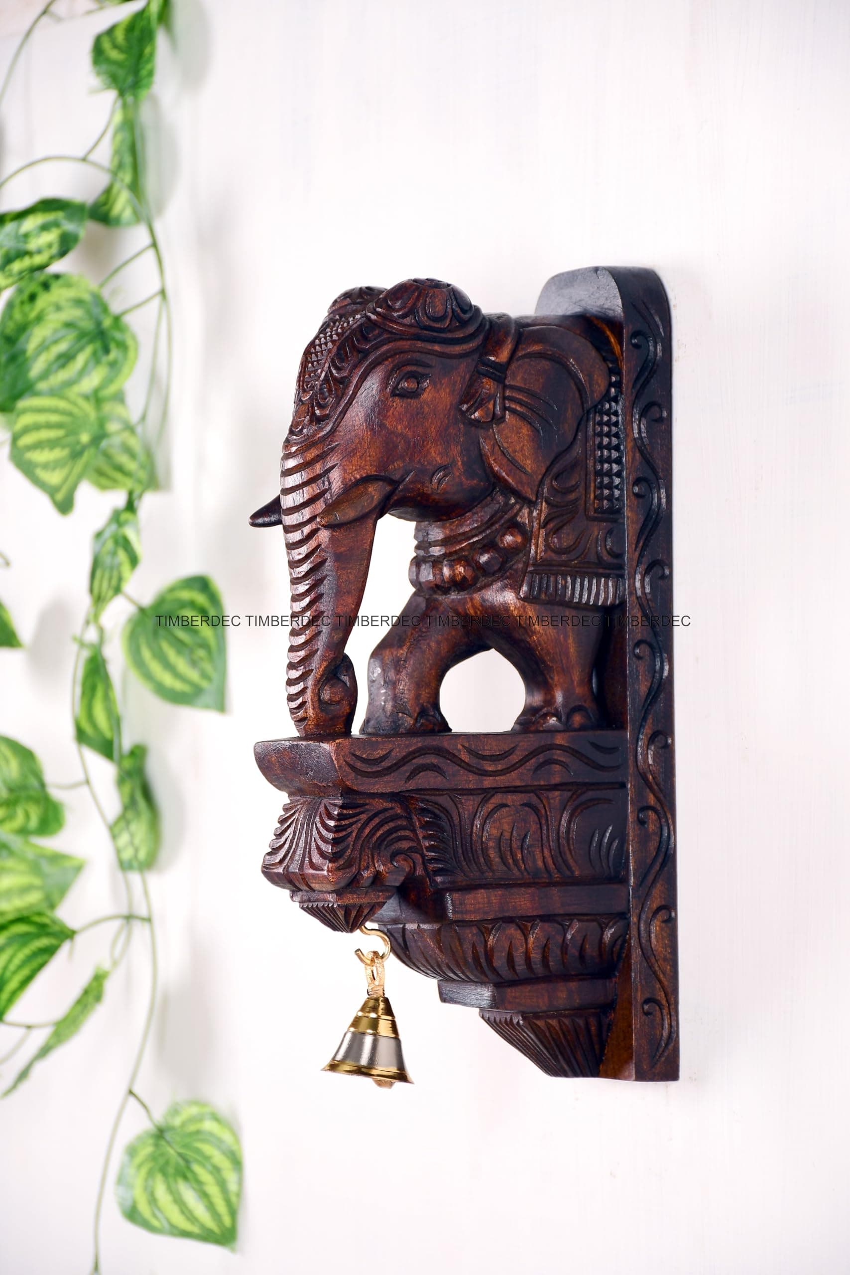 Timberdec Wooden Wall Bracket Elephant Pair 30 cm, Brown Polish Finish, Handmade Wood Carving, Wall Hanging, Handmade Wood Carving, Wall Hanging [pack of one piece]