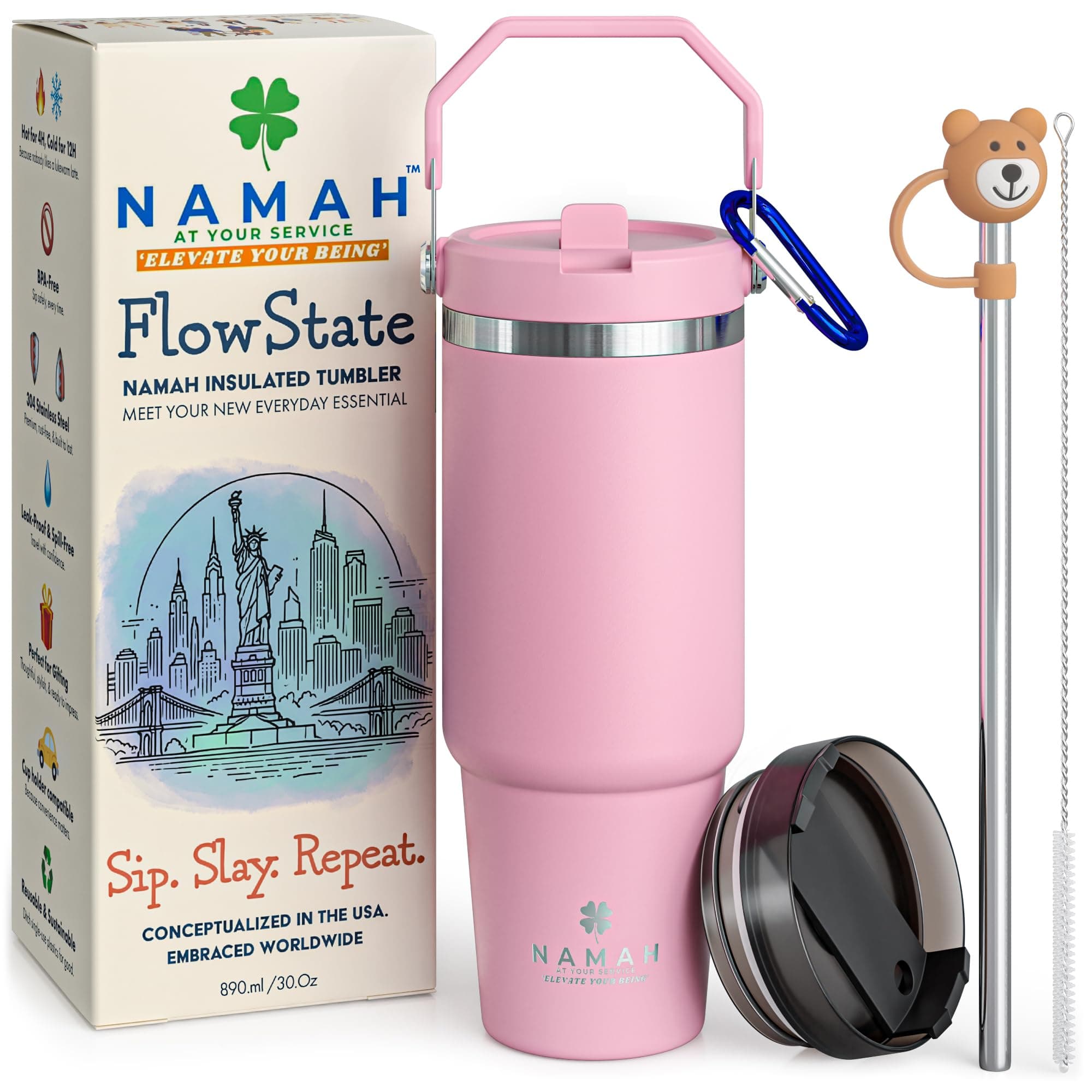 Namah™ Stainless Steel Tumbler with Straw Handle & Lid 890ML Insulated Water Bottle,Leak Proof Sipper Bottle,Vacuum Travel Coffee Mug for Girls & Boys, Gym, College & Office Use & Gift