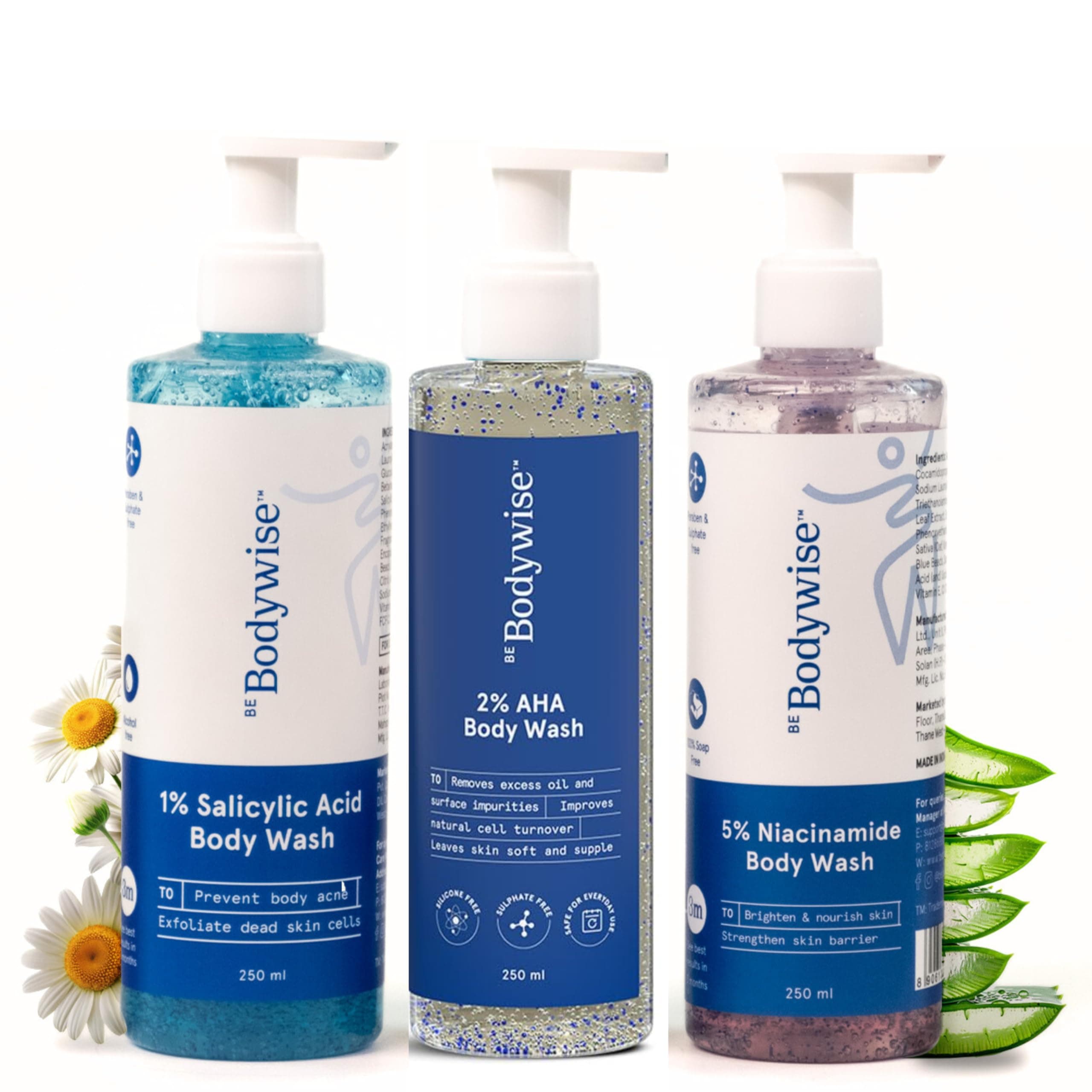 Be Bodywise Body Wash Kit for Women | Includes 1% Salicylic Acid, 5% Niacinamide & 2% AHA Body Wash | 750ml