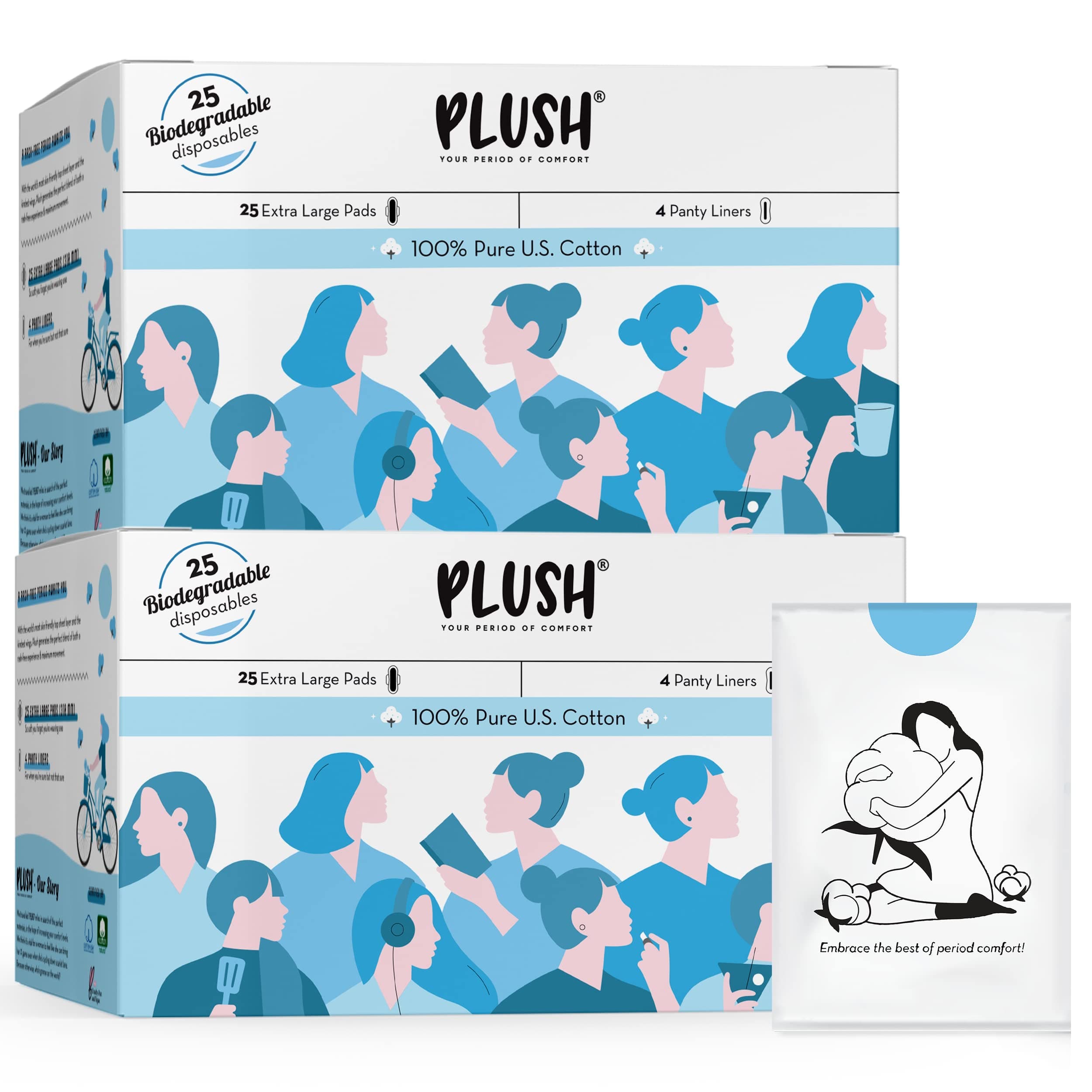 Plush Ultra-Thin Sanitary Pads For Women, 25 XL Natural Cotton Sanitary Napkins- Pack of 2 | 25 Medium Flow XL + 4 Panty Liners For Rash Free Periods | Pure U.S. Cotton Pads With Disposable Pouch