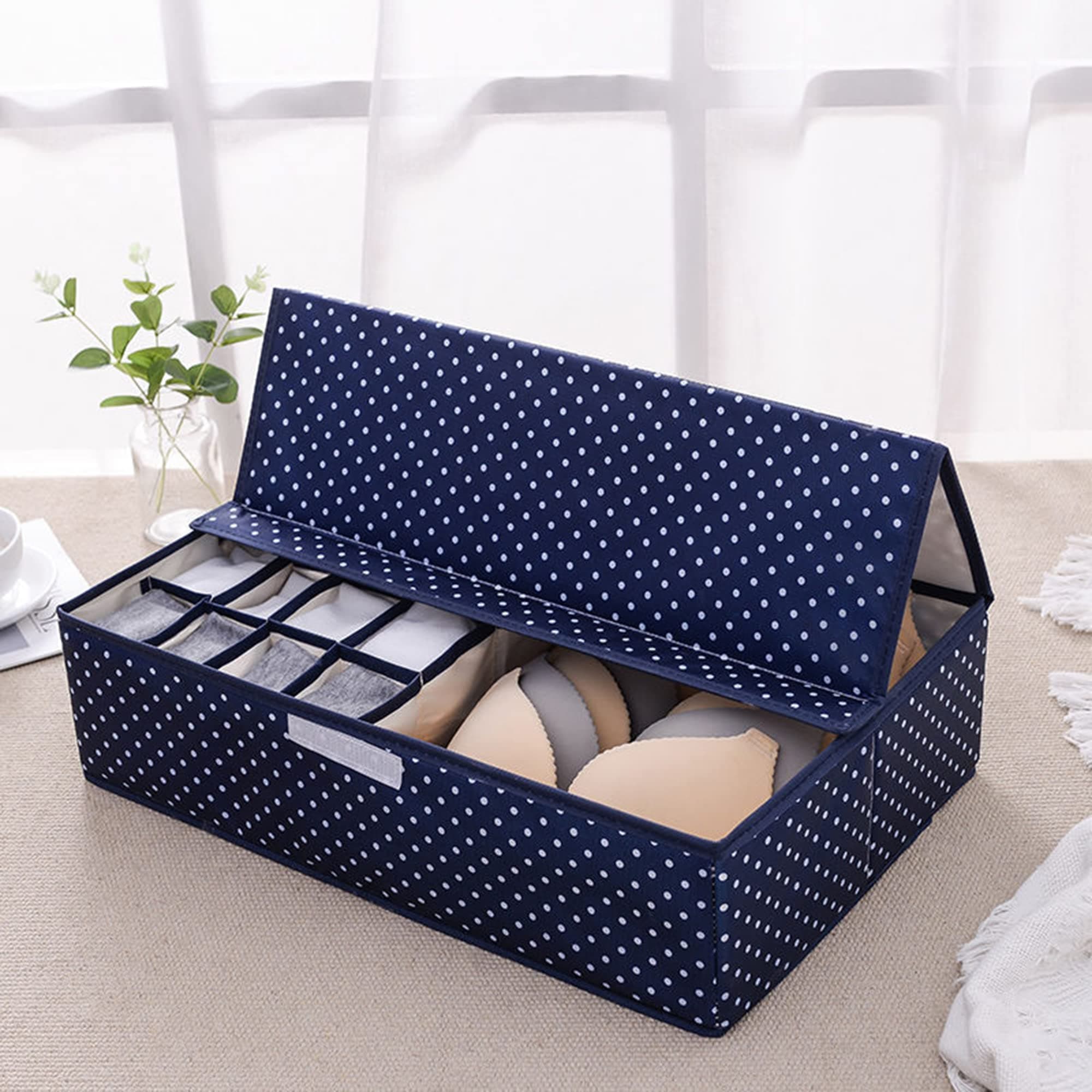 House of Quirk Innerwear Organizer 16+1 Compartment Non-Smell Non Woven Foldable Fabric Storage Box for Closet (44 x 28 x 12 cm Navy Blue Polka)