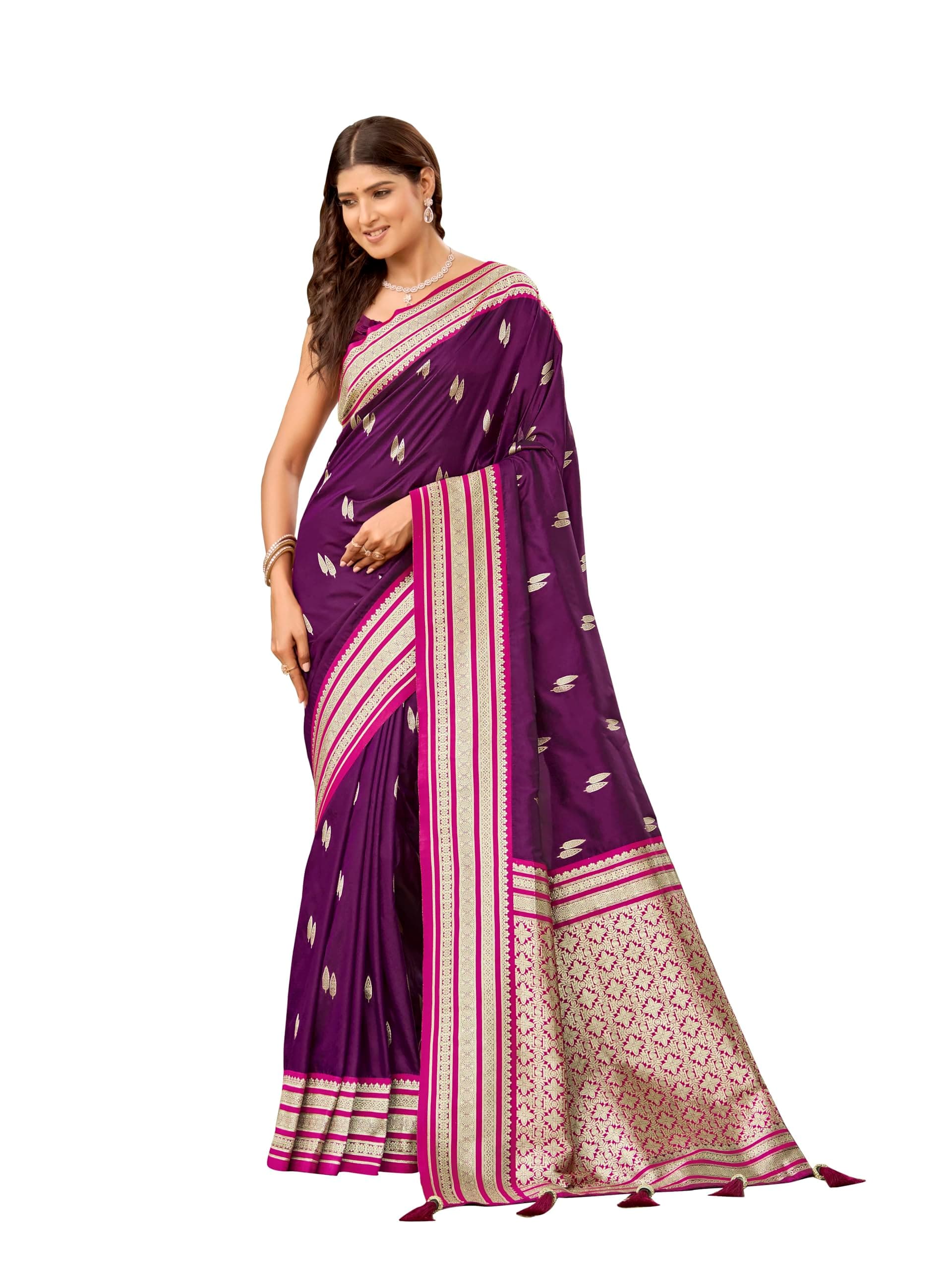 MANOHARI Women's Trendy Banarasi Satin Silk Woven Saree with Heavy Jacquard Work, Elegant Design, flower Pattern Silk Saree with Unstitched Blouse Piece for Weddings & Festive Occasions