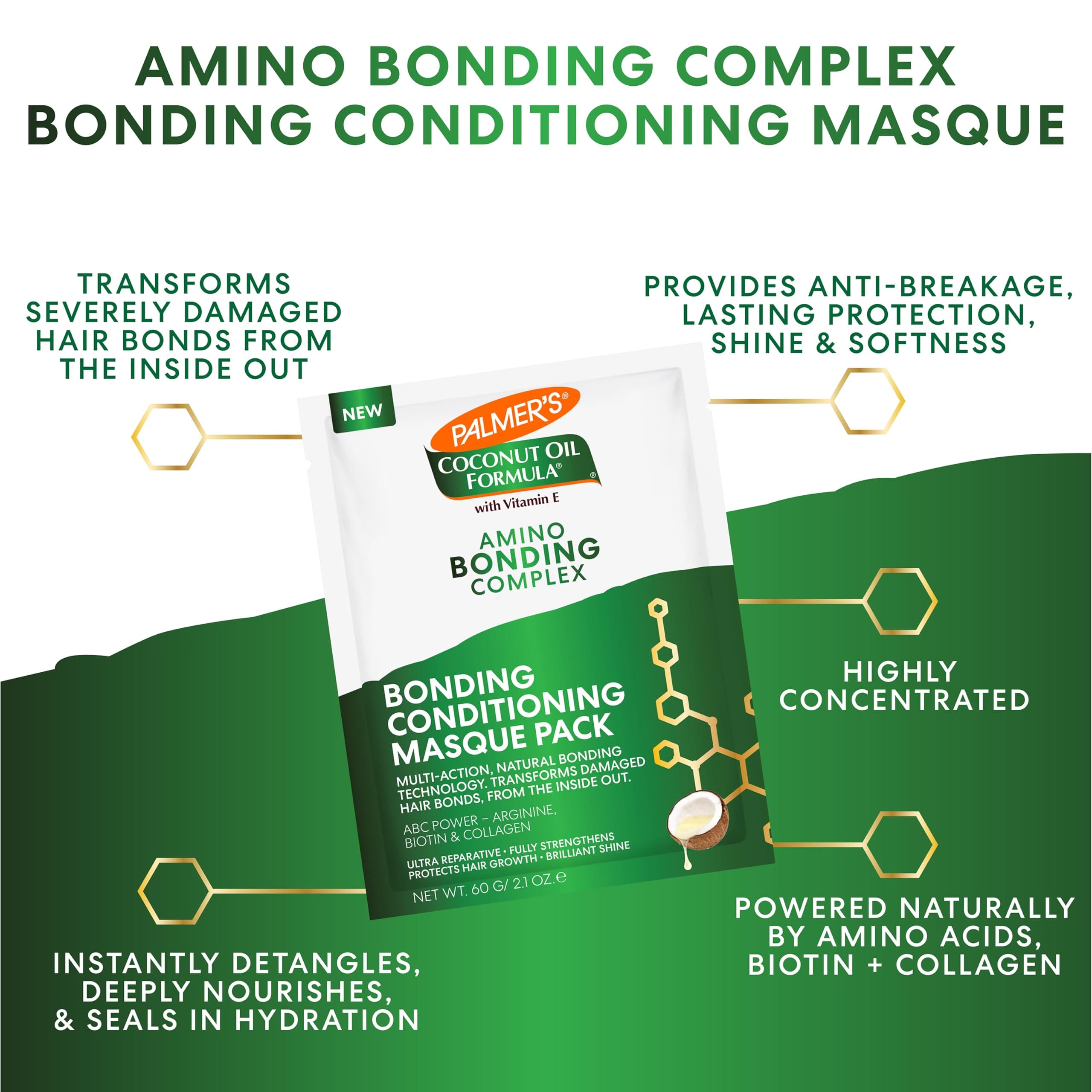 Palmer's Amino Bonding Complex Hair Mask, Intense Conditioning Masque Pack with Coconut Oil & Vitamin E, Heat Protectant, Anti Frizz, Adds Shine, Protects Hair Growth, All Hair Types, 60g