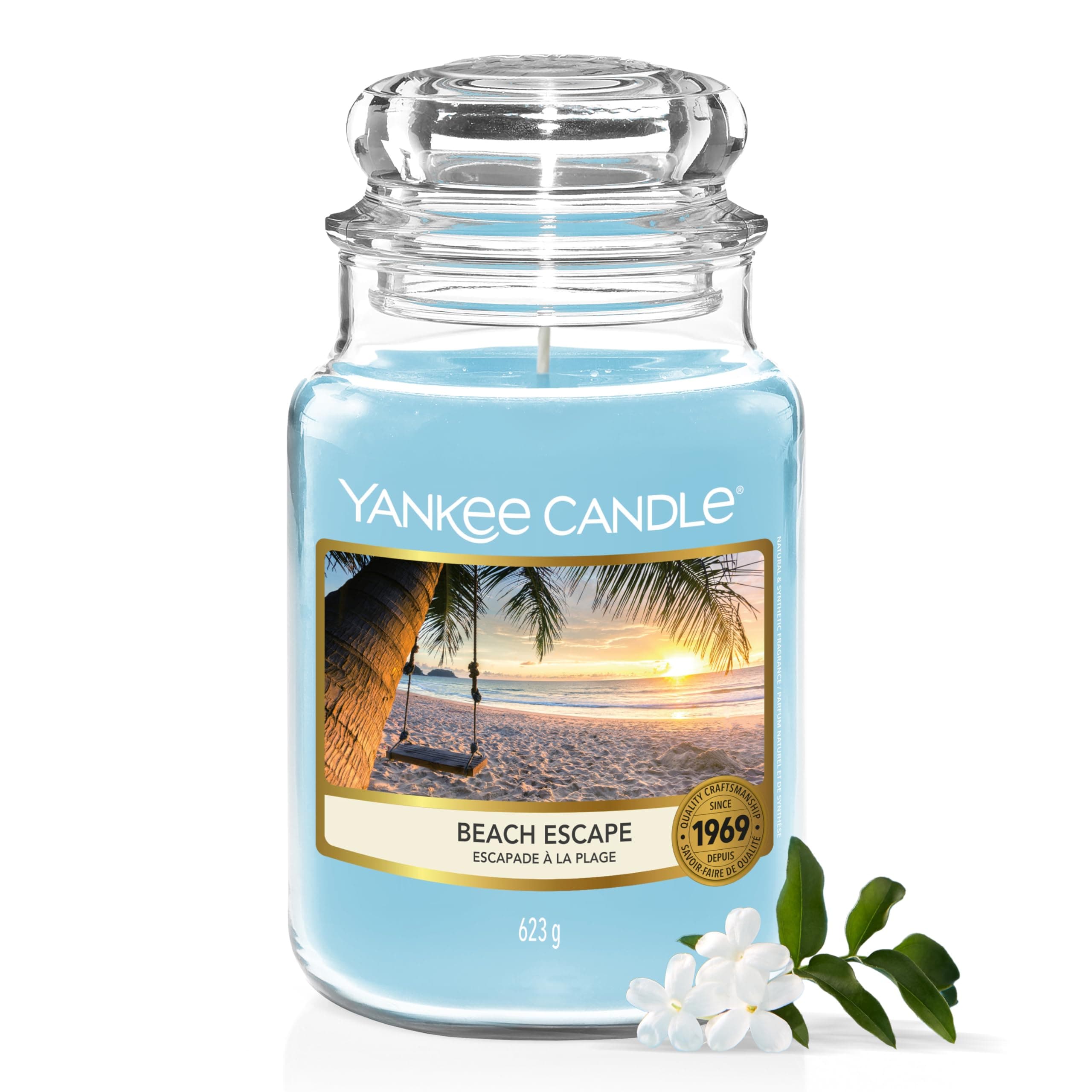 Yankee Candle Beach Escape Scented Brand from USA | Premium 1-Wick 623 GMS Wax Candle in Glass Jar | Over 110hrs of Burn Time | Ideal for Home Décor, Gifting,Spa, Bedroom, Living Room