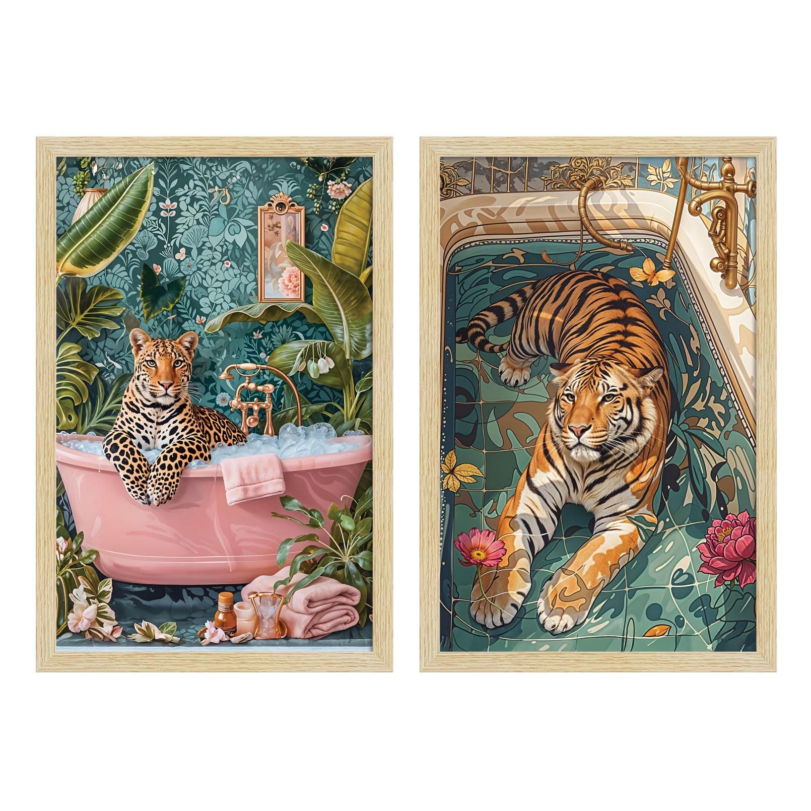 ArtX Paper Boho Tiger Art Paintings with Frame for Home Decor, Abstract Wall Painting for Living Room, Multicolor, Natural Wood Color Frames, 12.0 x 18.0 inch, Set of 2