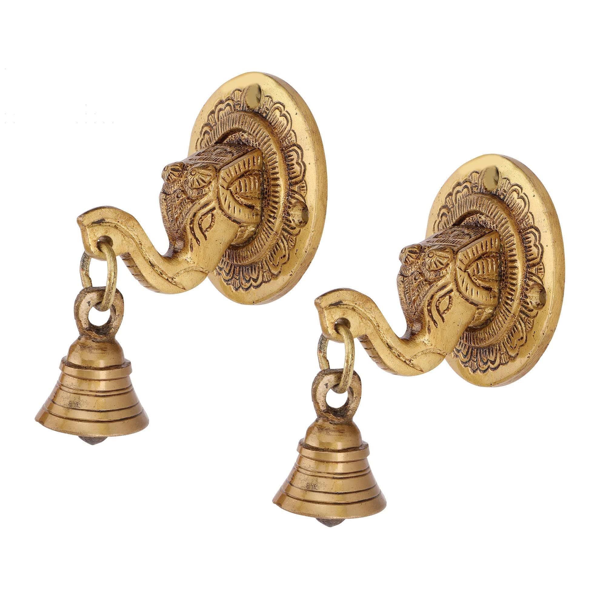 D Brasso Elephant Face Wall & Door Brass Decorative Bell Pair | 100% Pure Brass Elephant Hanging for Main Door, Pooja Room & Mandir | Handcrafted Vastu Wall Décor Showpiece | Set of 2 (300g Each)