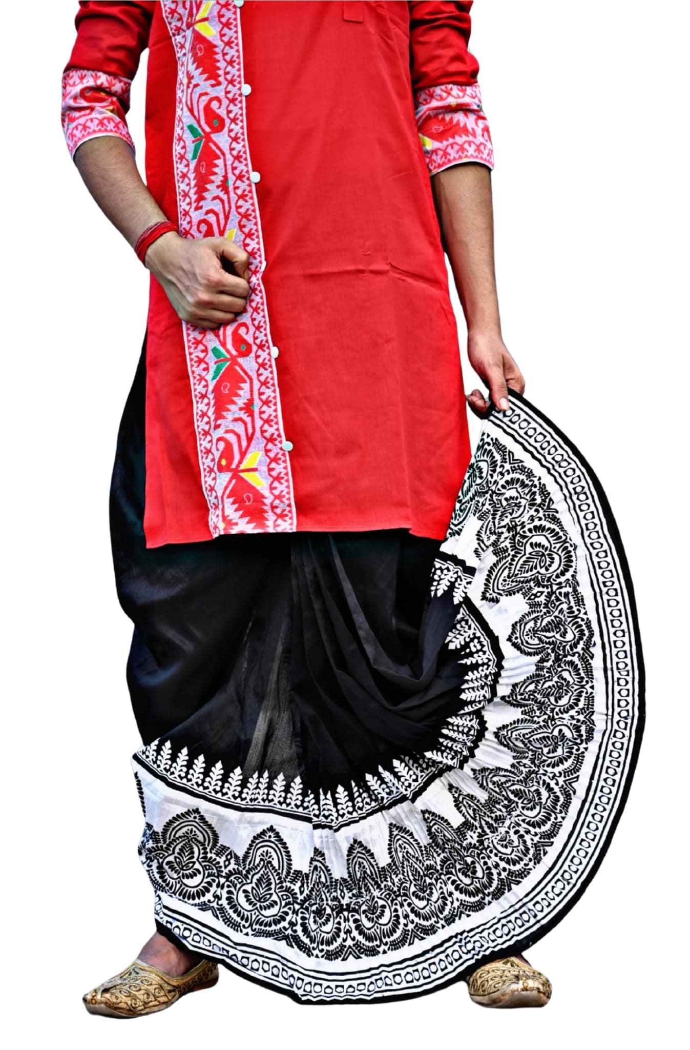 Gouri Collections Men's Ready to Wear Pant System Printed MAYUR PUCHHA Dhoti for Marriage, Pooja, Festival etc.(GC010)