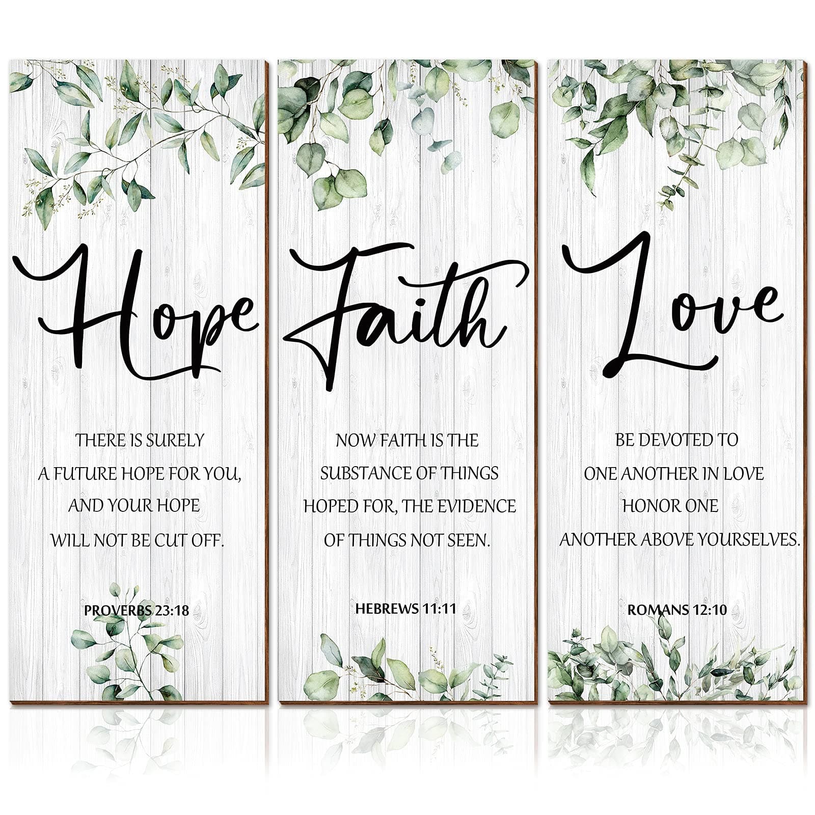 3 Pieces Faith Hope Love Wall Decor - Bible Verse Inspirational Art Hanging Plaque - Rustic Wooden Green Leaves Sign Scripture Quote for Home Bedroom Decoration