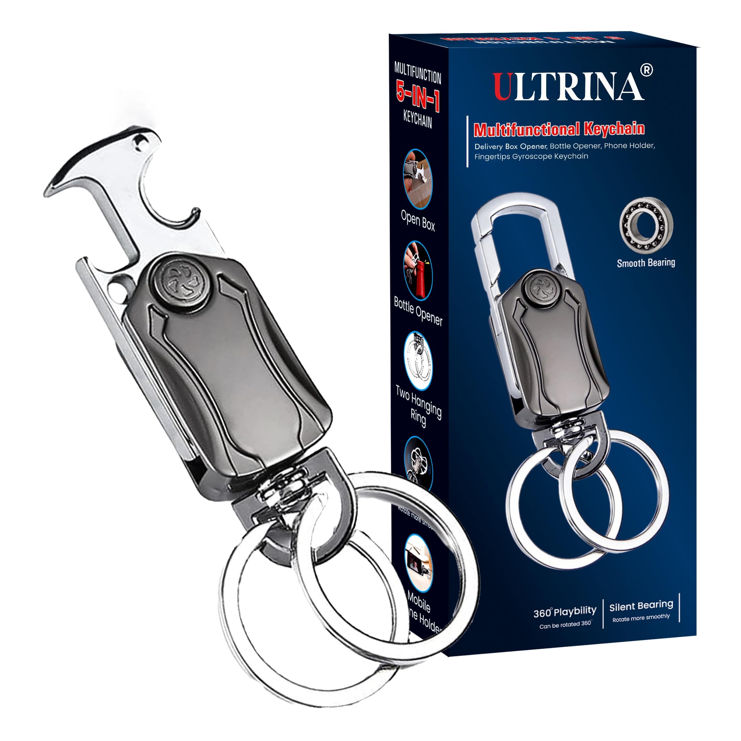 ULTRINA 5 in 1 Stylish Spinner Keychain- 360° Rotation Carabiner with Bottle Opener, Key & Phone Holder, Spinner Durable Zinc Alloy Multi-functional Keychain For Bike And Car.