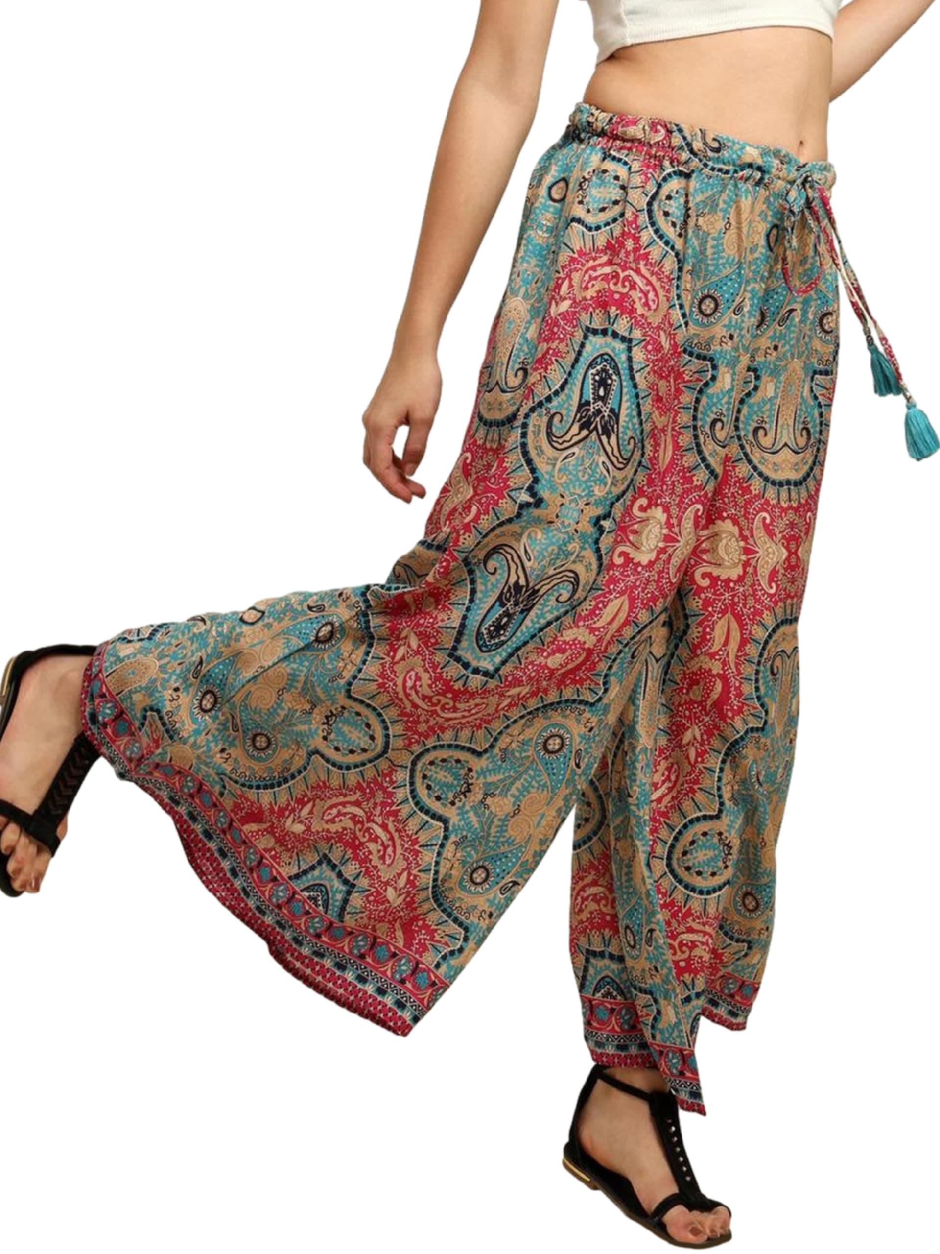 KE KANHA EXPORTS Palazzo Pants for Women | Boho Printed Plazo Pant for Woman|Soft Viscose Wide Leg Trousers|Drawstring Waist|Beach Yoga Travel Wear|Free Size (11265)