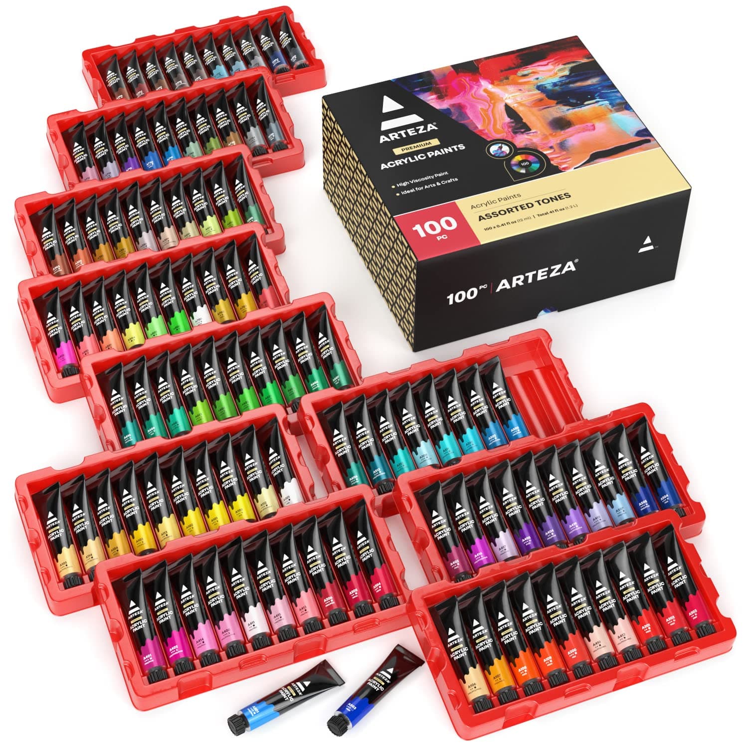 Arteza Acrylic Paint Set, 100 Colors, 0.41 fl Oz /12ml Tubes of Craft Paint, Heavy-Body, Glossy Finish, Colorful Addition to Your Art Supplies