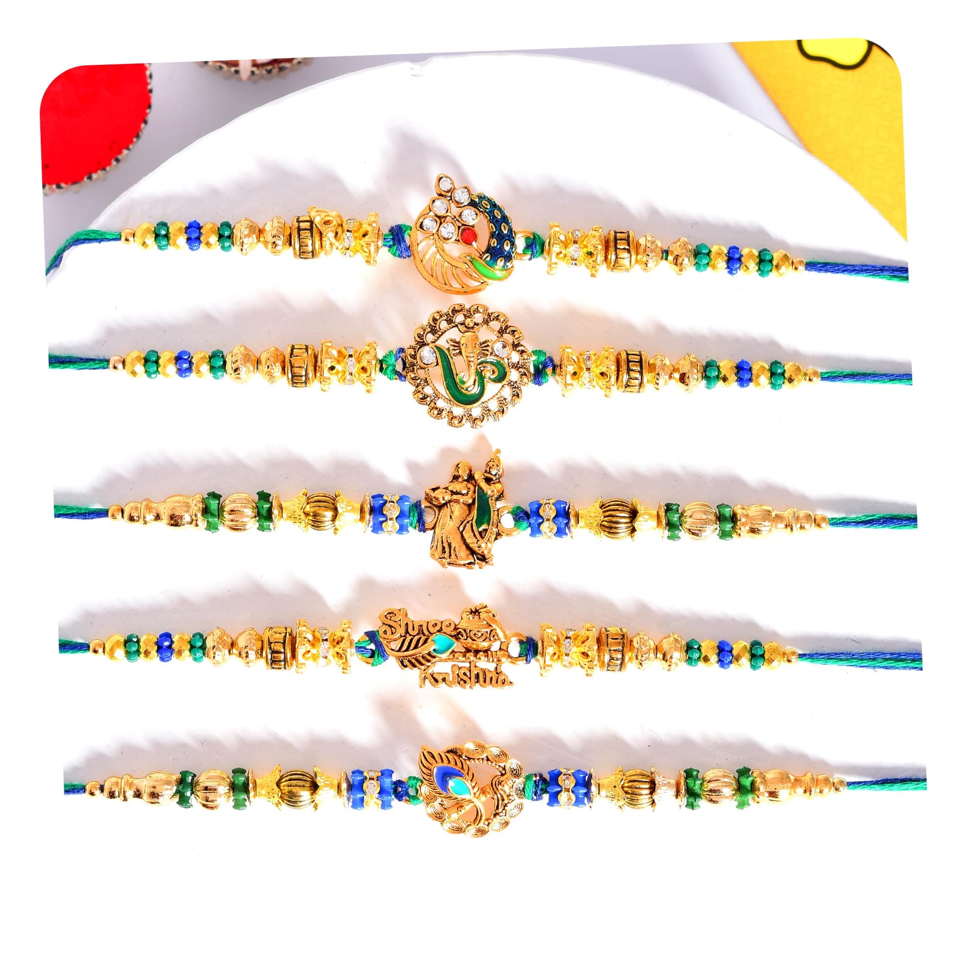 CraftVatika Rakhi Set of 5 for Brother Bhaiya Bhai Kids, Radhe Krishna Rakhis for Brother, Om Ganesha, Rakhis for Rakshabandhan, rakhi set for brother with Card, Ganesh Ji Rakhis Combo for Boy Men Girls