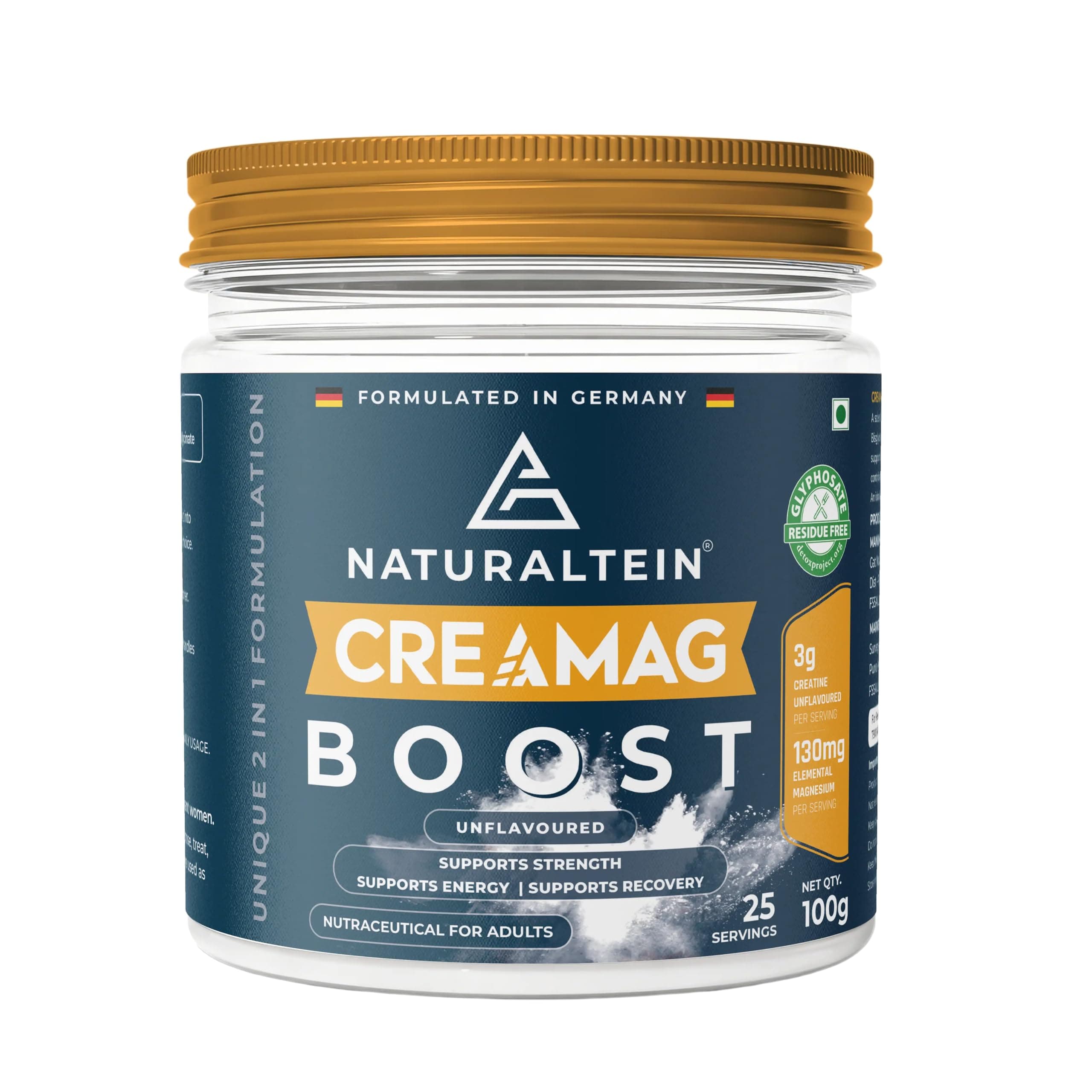 Naturaltein CreaMag Boost | India’s First Creatine + Magnesium Bisglycinate Formula | 3g Creatine Monohydrate & 130mg Elemental Magnesium Per Serving | Glyphosate Residue Free | Supports Strength, Energy & Recovery | Unflavoured | 100g (25 Servings)