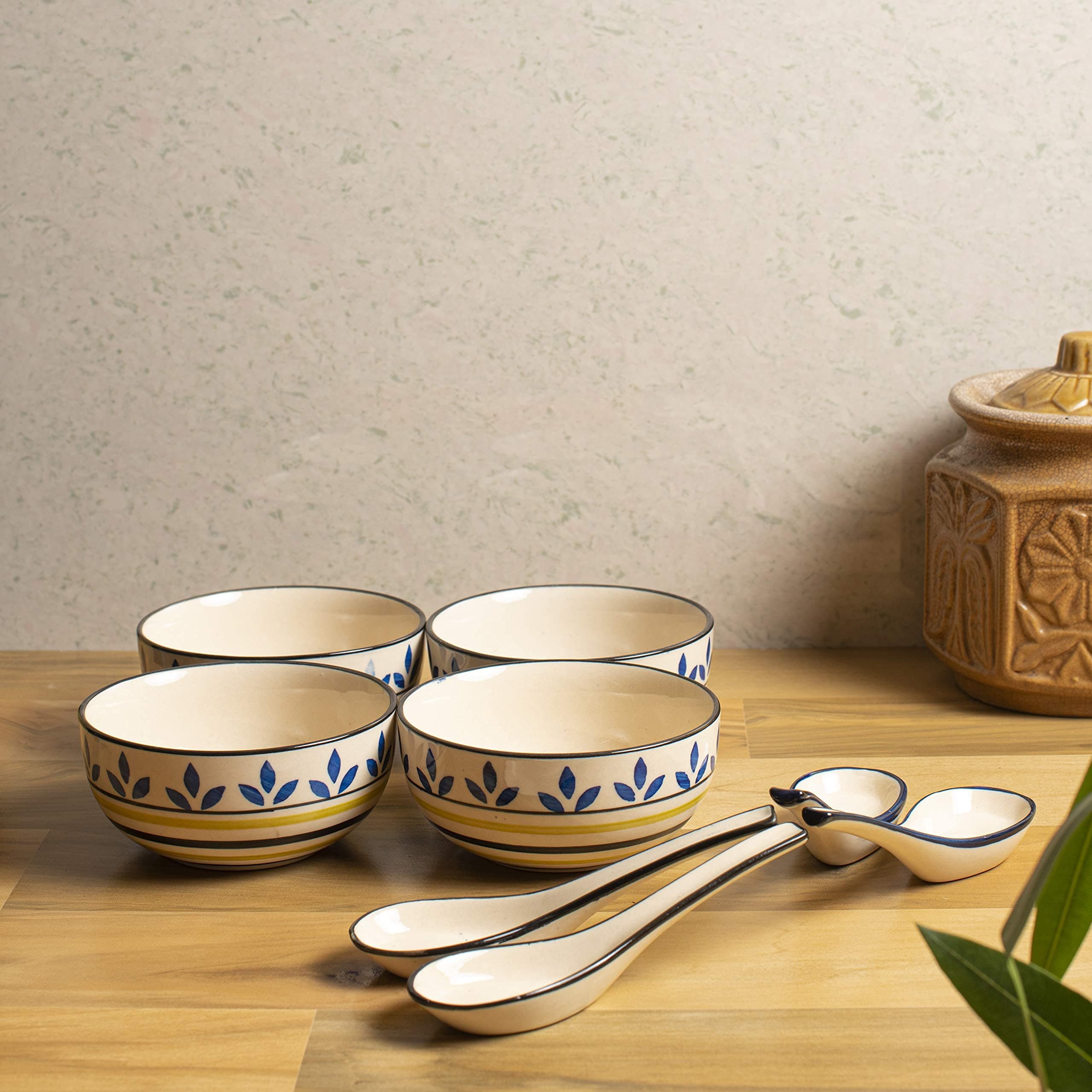 HS Hindustani SAUDAGR Lemon Leaf Bloom Ceramic Bowl Set of 4(300ml Each) Soup Bowl Without Handle & with Spoon Microwave Safe Bowls katori Ideal for Snacks Rice dal Desserts and Gifting.