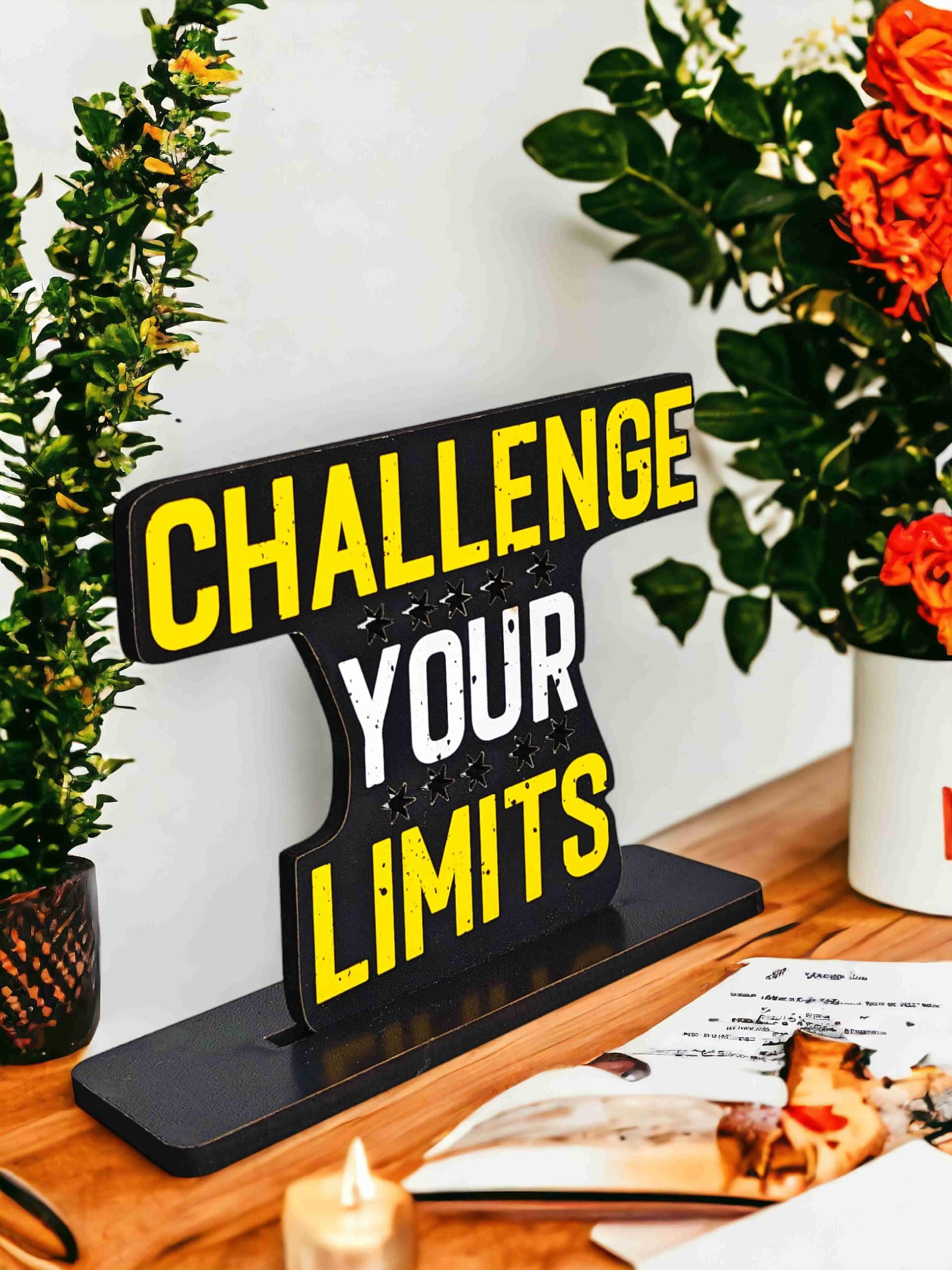 SAF Wooden Idols and Figurine chellenge Your Limits Motivational Quote Table Decor for Office Desk, Home Decor Item, Living Room, Bedroom, Modern Art Wood Showpieces Decorative Gift