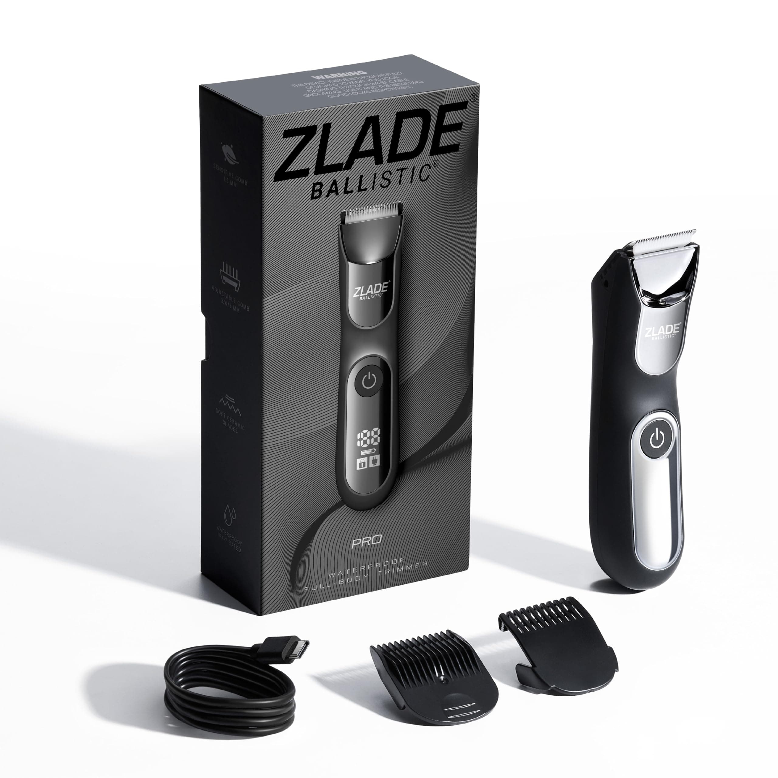 Zlade Ballistic Pro Full Body Trimmer for Men, Beard, Balls, Pubic Hair, Private Parts & Manscaping Groomer | IPX7 Waterproof, No Nicks or Cuts | 7000 RPM Motor | 90 Min Runtime | USB-C Fast Charging